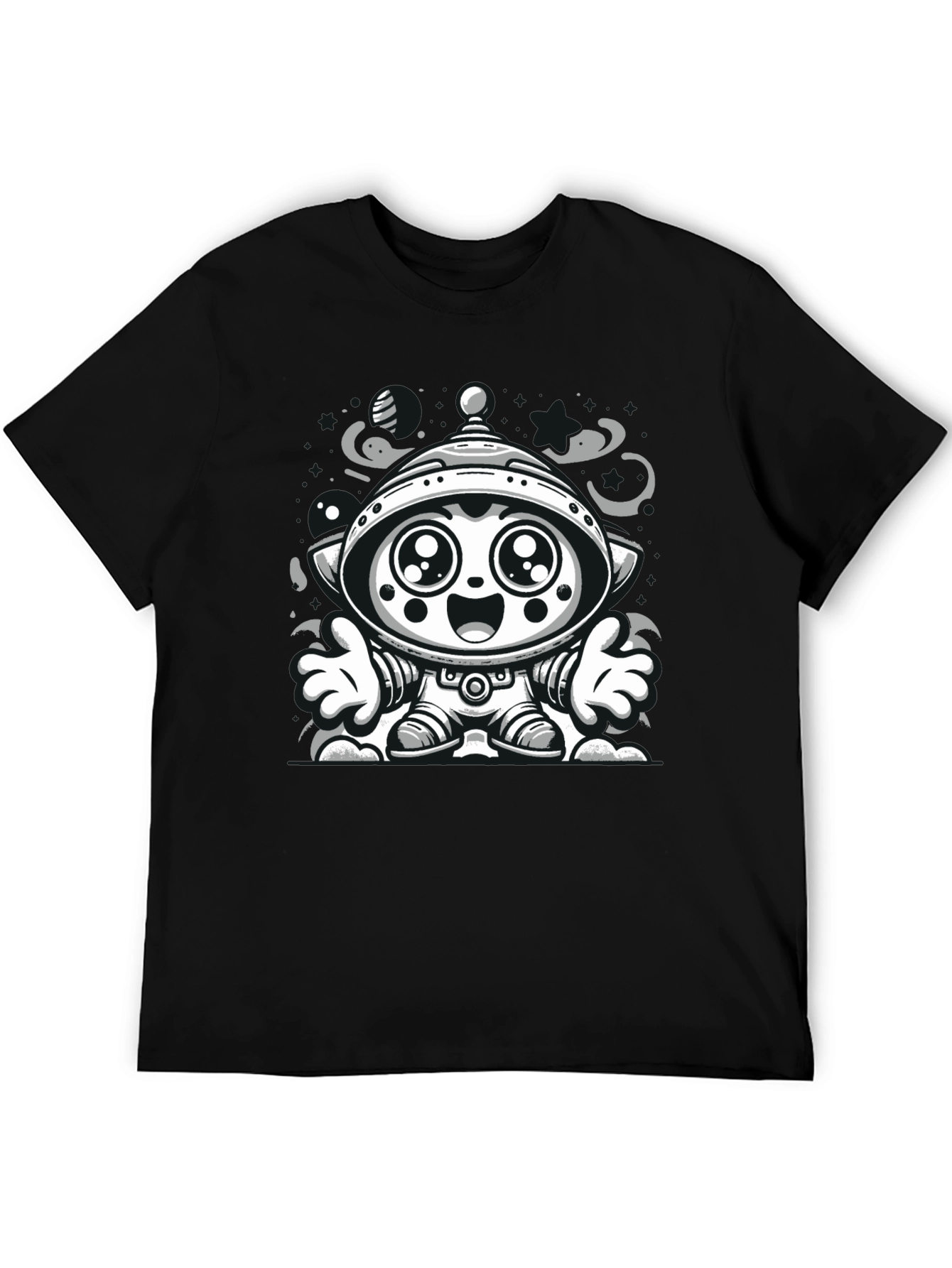 Cartoon Alien Graphic Tee - Black Cotton Blend