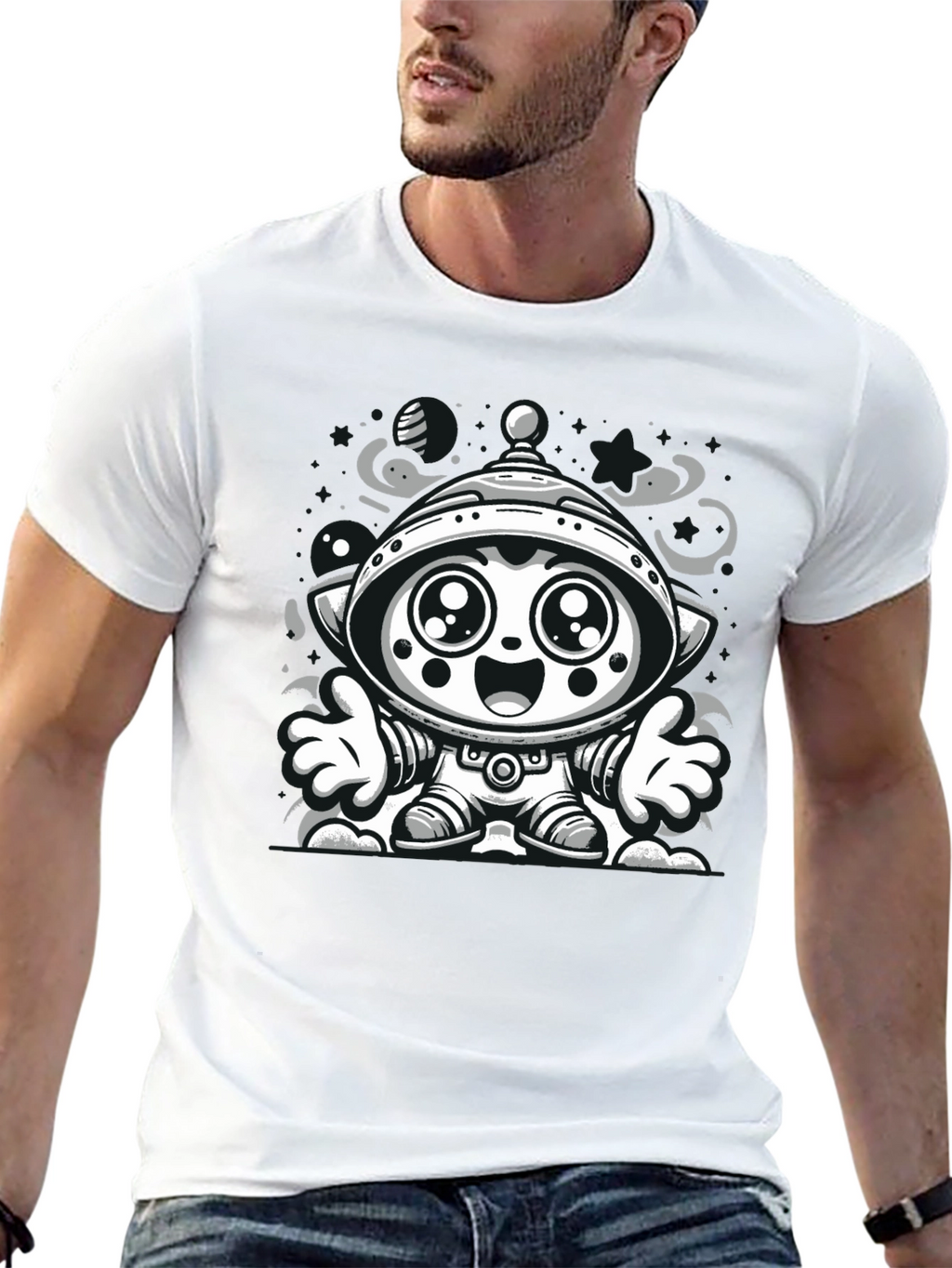 Cartoon Alien Graphic Tee - Black Cotton Blend