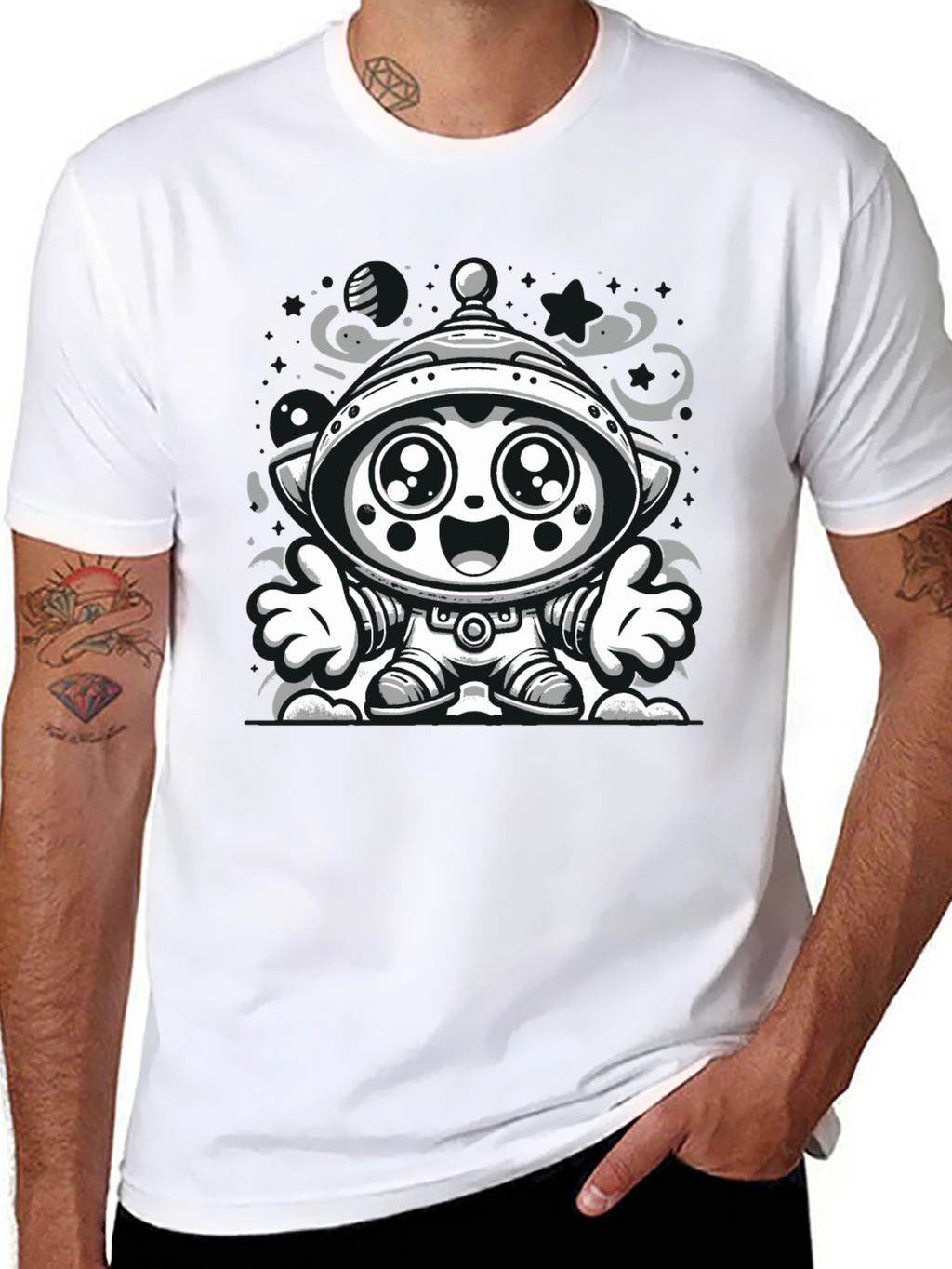 Cartoon Alien Graphic Tee - Black Cotton Blend