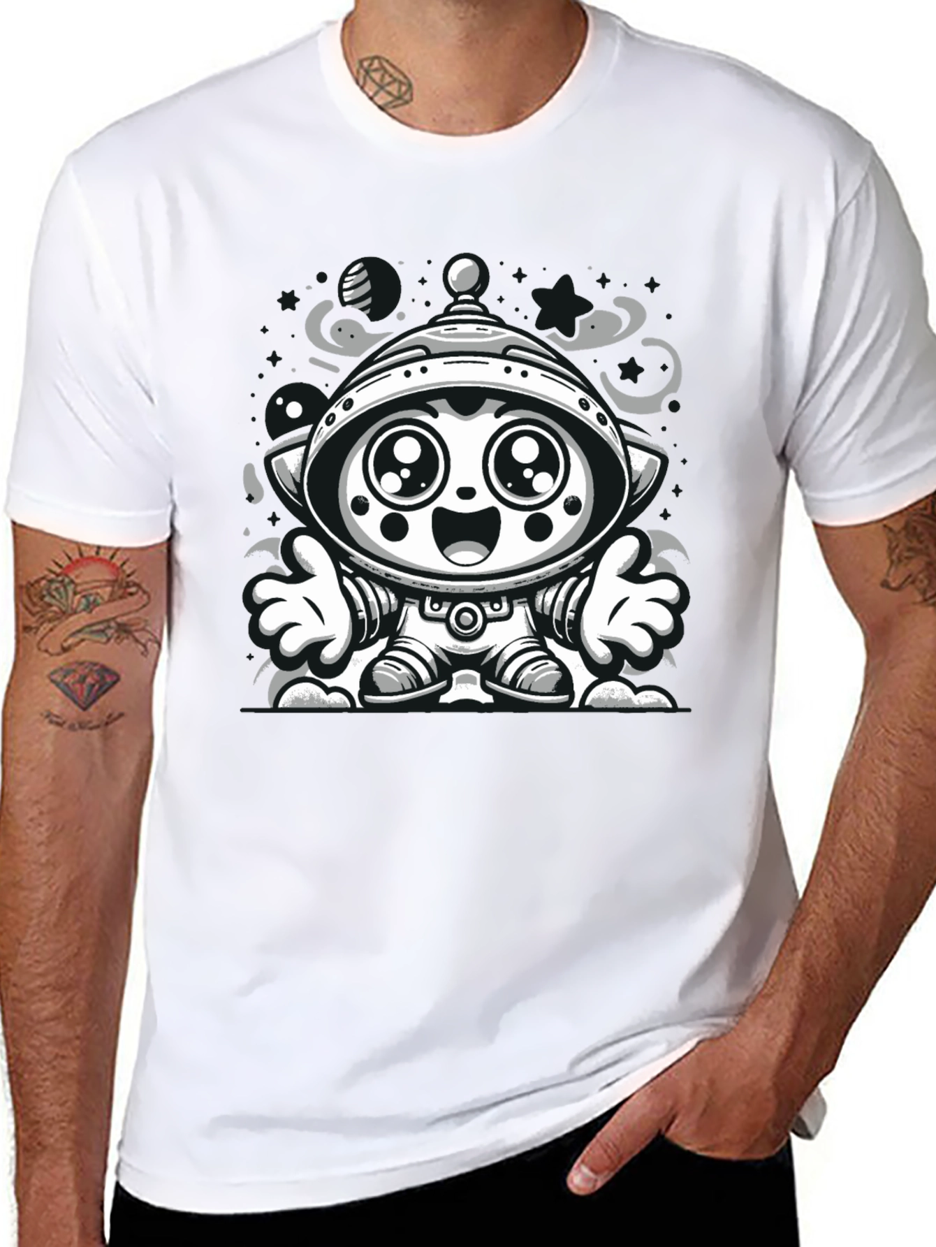 Cartoon Alien Graphic Tee - Black Cotton Blend