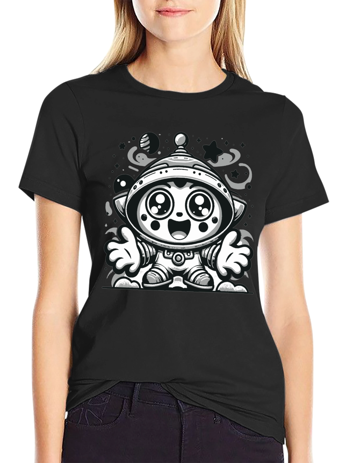 Cartoon Alien Graphic Tee - Black Cotton Blend