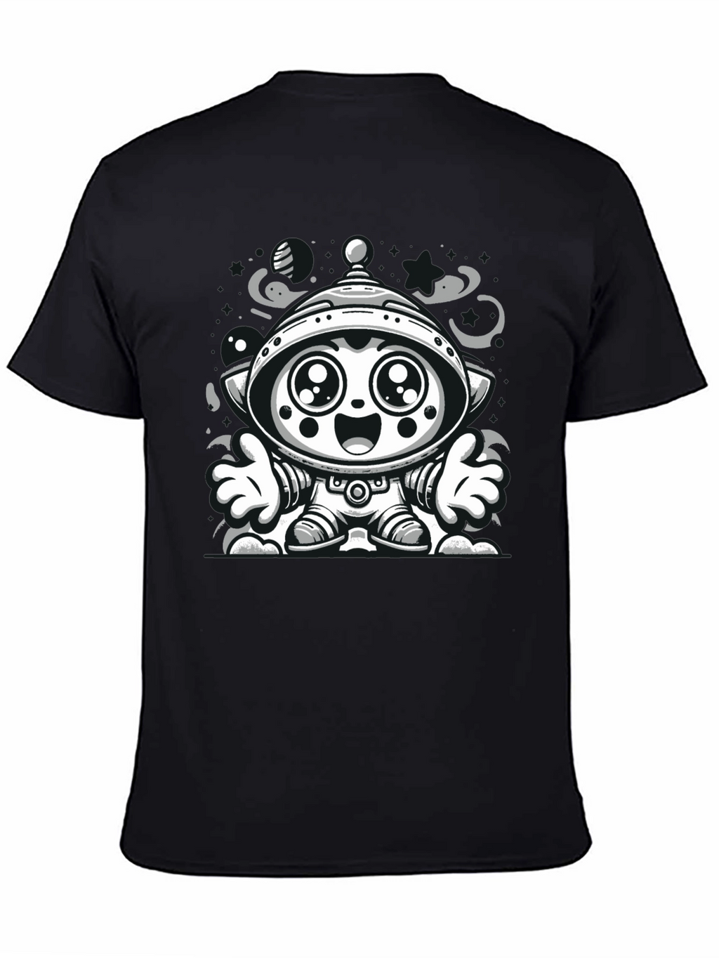 Cartoon Alien Graphic Tee - Black Cotton Blend