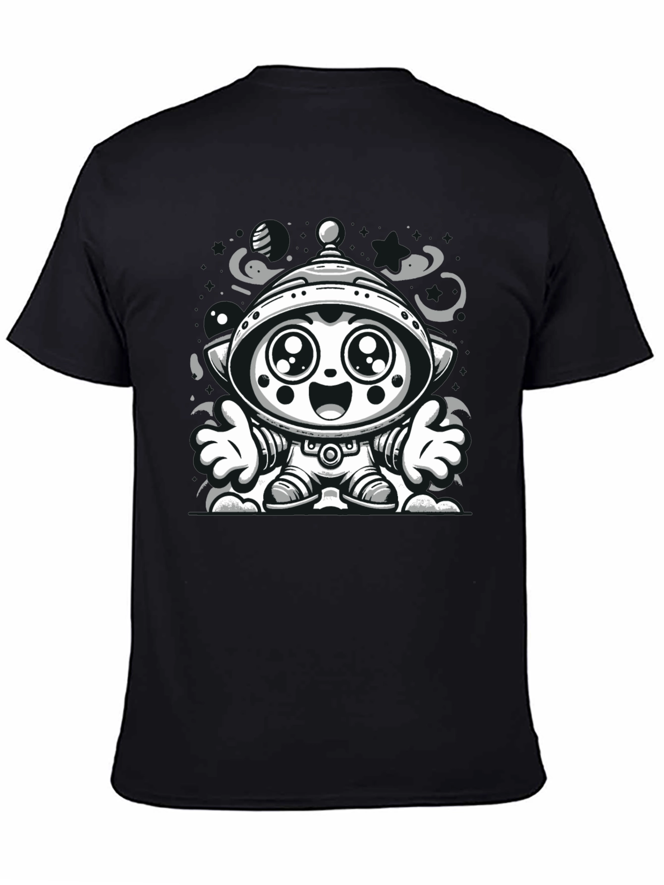 Cartoon Alien Graphic Tee - Black Cotton Blend