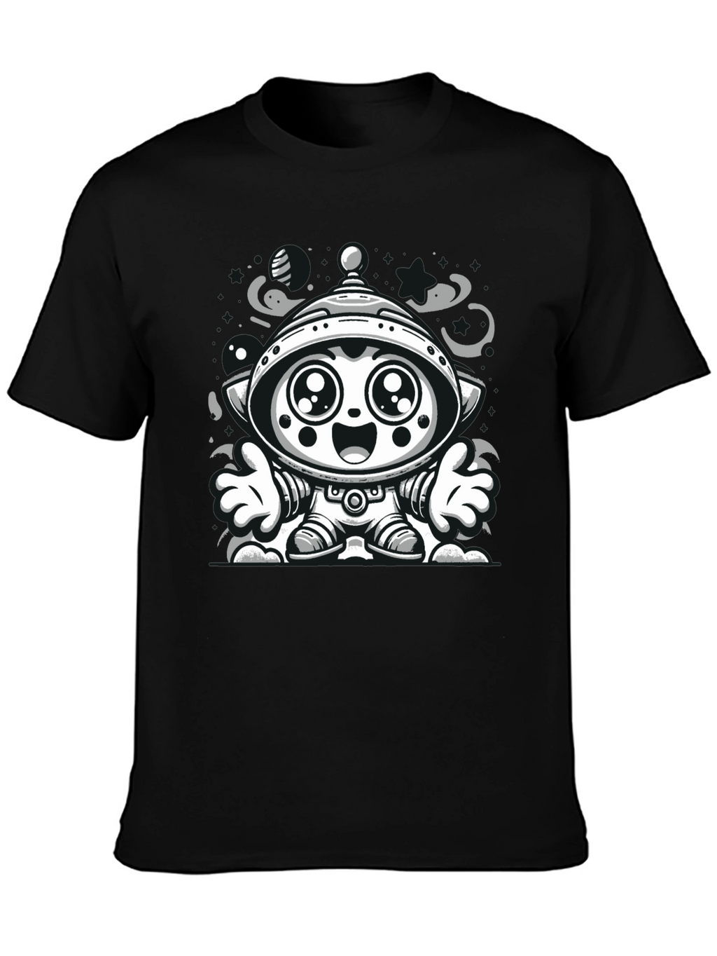 Cartoon Alien Graphic Tee - Black Cotton Blend