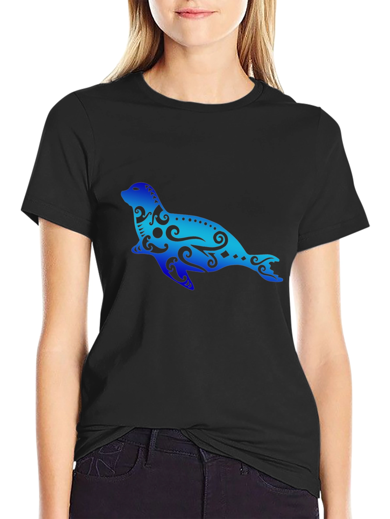 Seal Tribal Art Graphic T-Shirt - Black