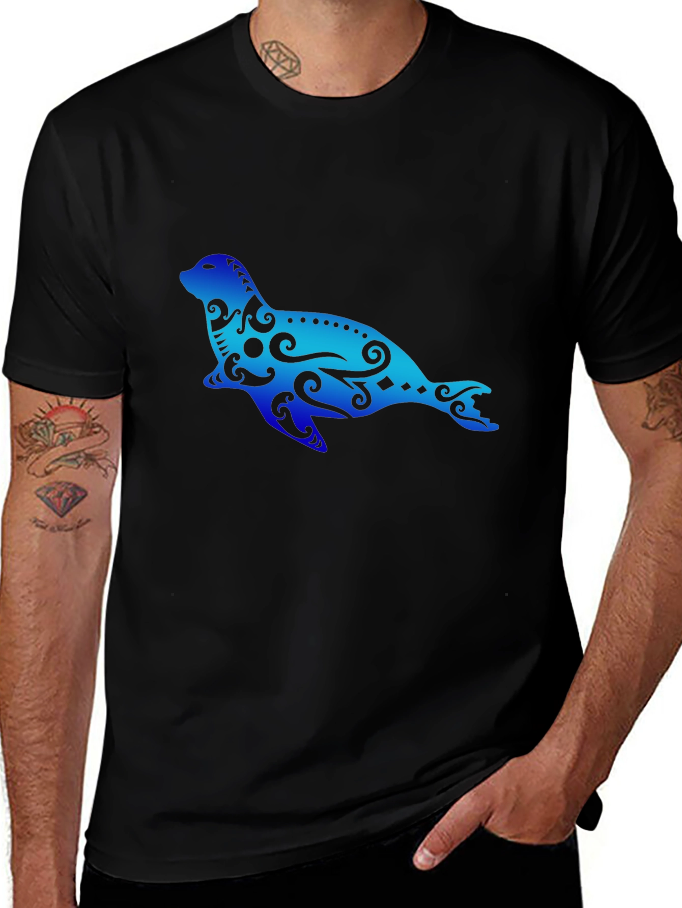 Seal Tribal Art Graphic T-Shirt - Black