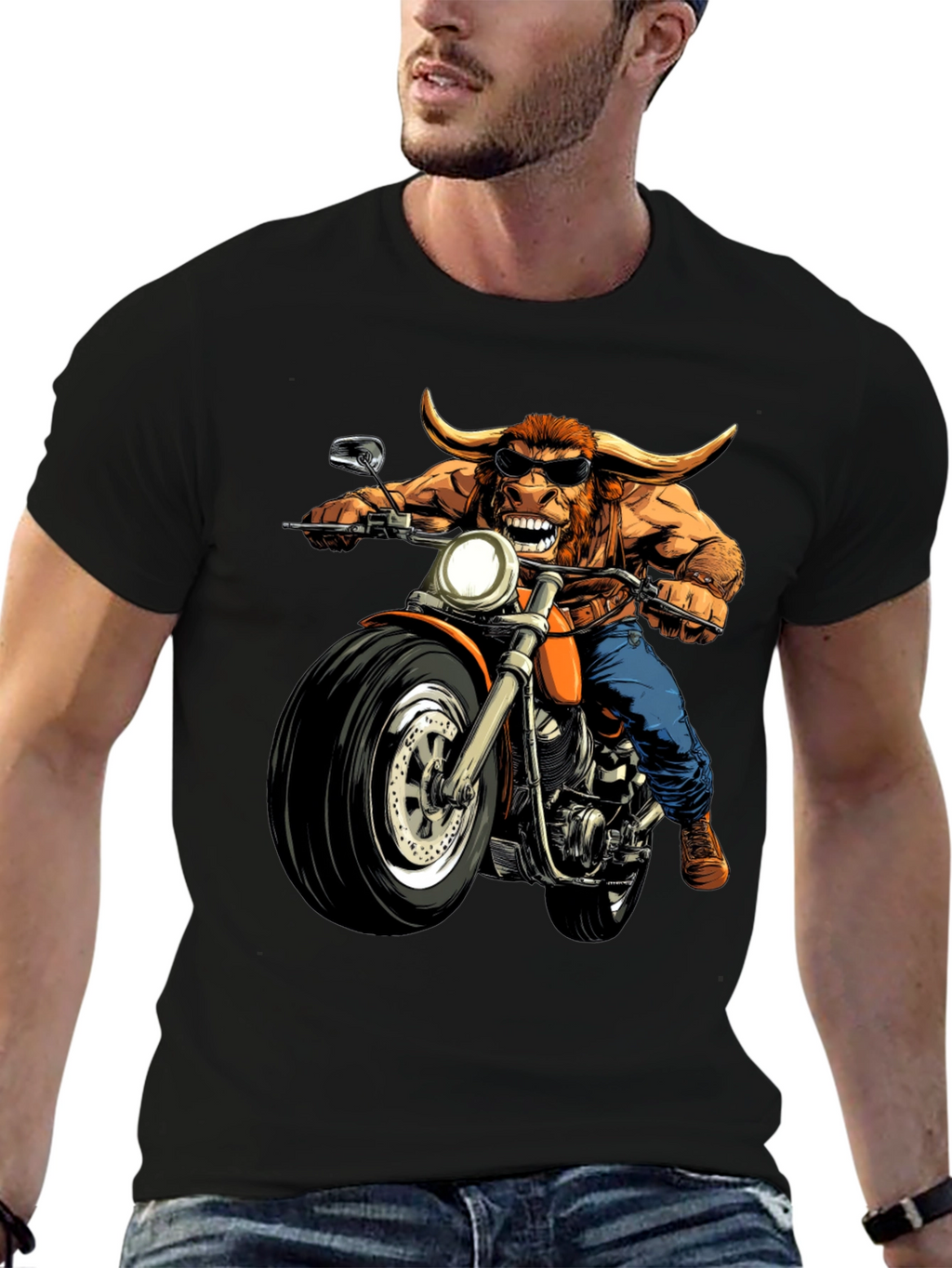Bull on Motorcycle Graphic T-Shirt