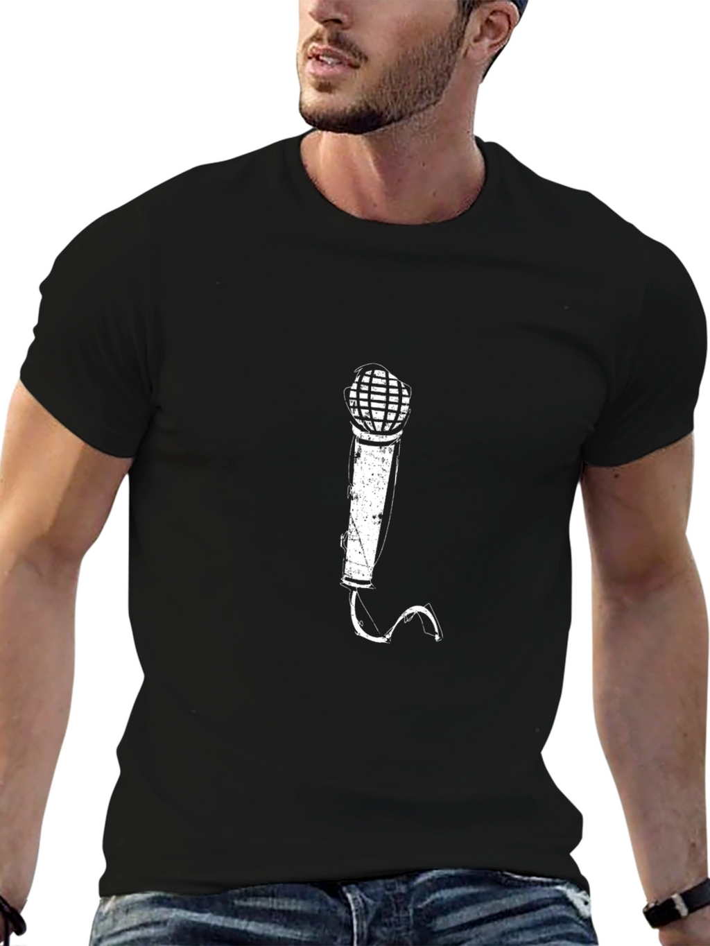 Microphone Graphic Print T-Shirt - Black