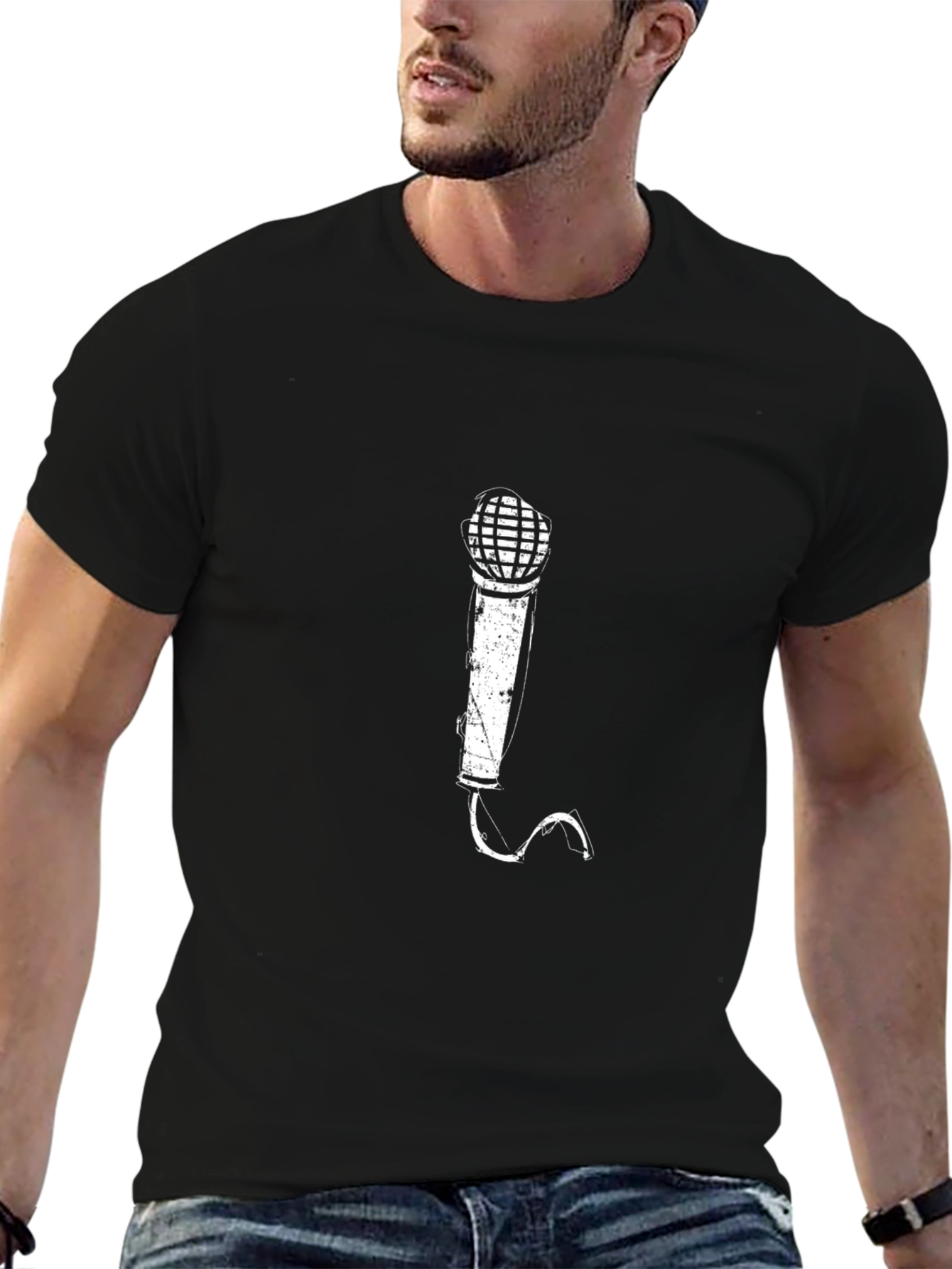 Microphone Graphic Print T-Shirt - Black