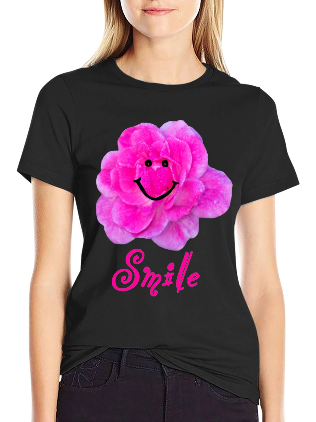 Smile Flower Graphic T-Shirt - Black Casual Tee
