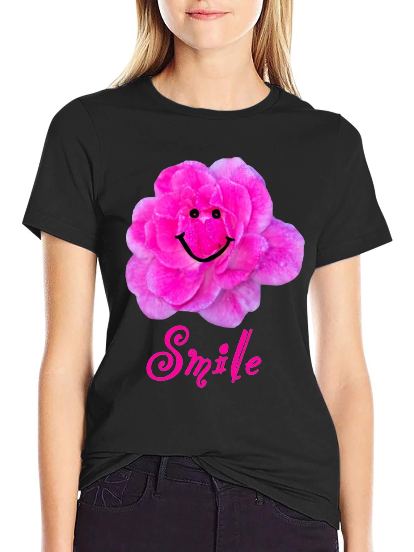 Smile Flower Graphic T-Shirt - Black Casual Tee