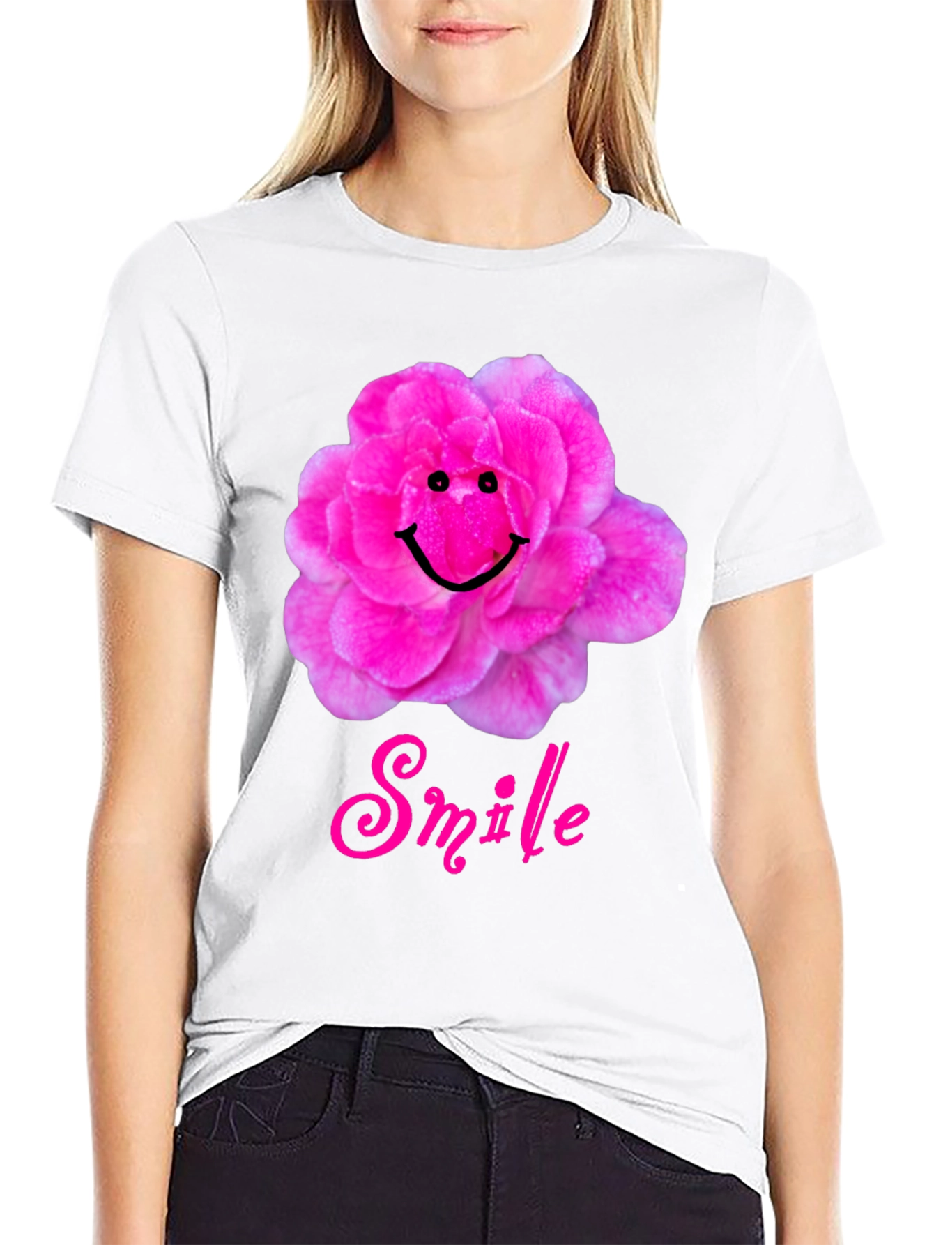 Smile Flower Graphic T-Shirt - Black Casual Tee