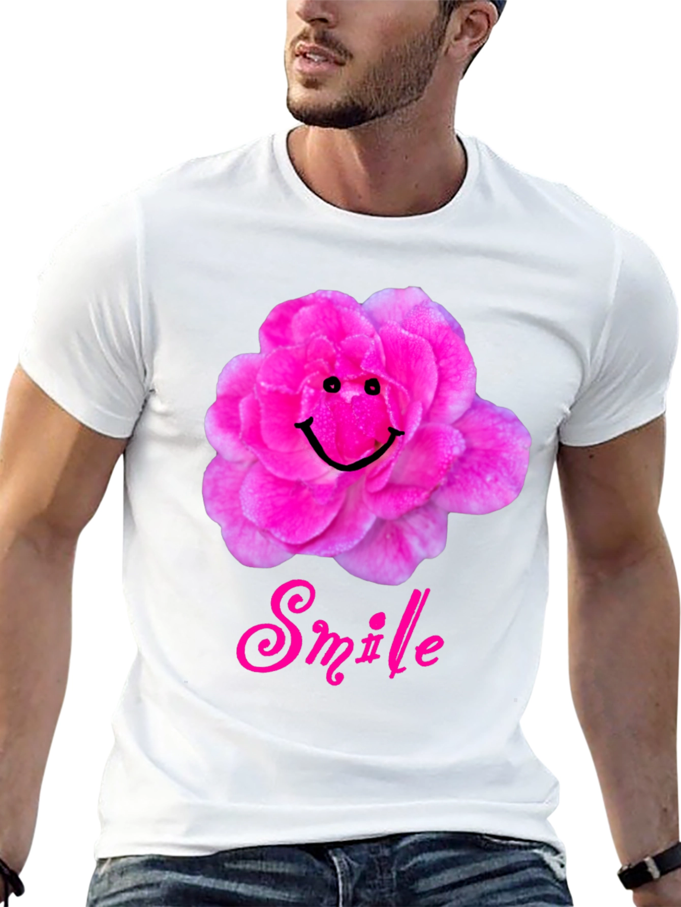 Smile Flower Graphic T-Shirt - Black Casual Tee