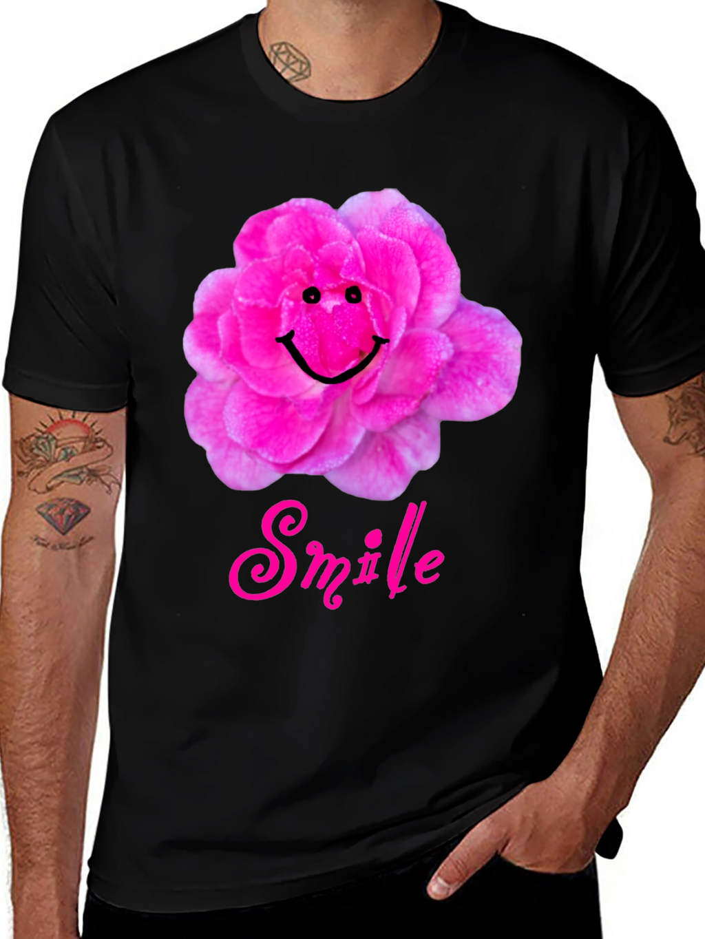 Smile Flower Graphic T-Shirt - Black Casual Tee