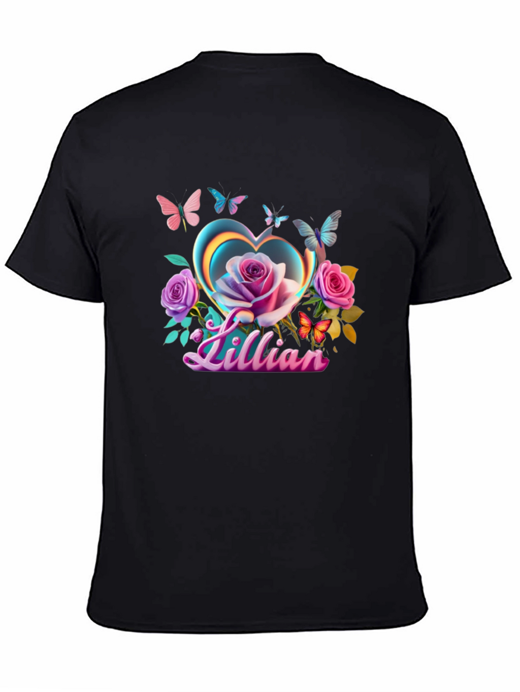 Lillian Heart Rose Butterfly Black T-Shirt