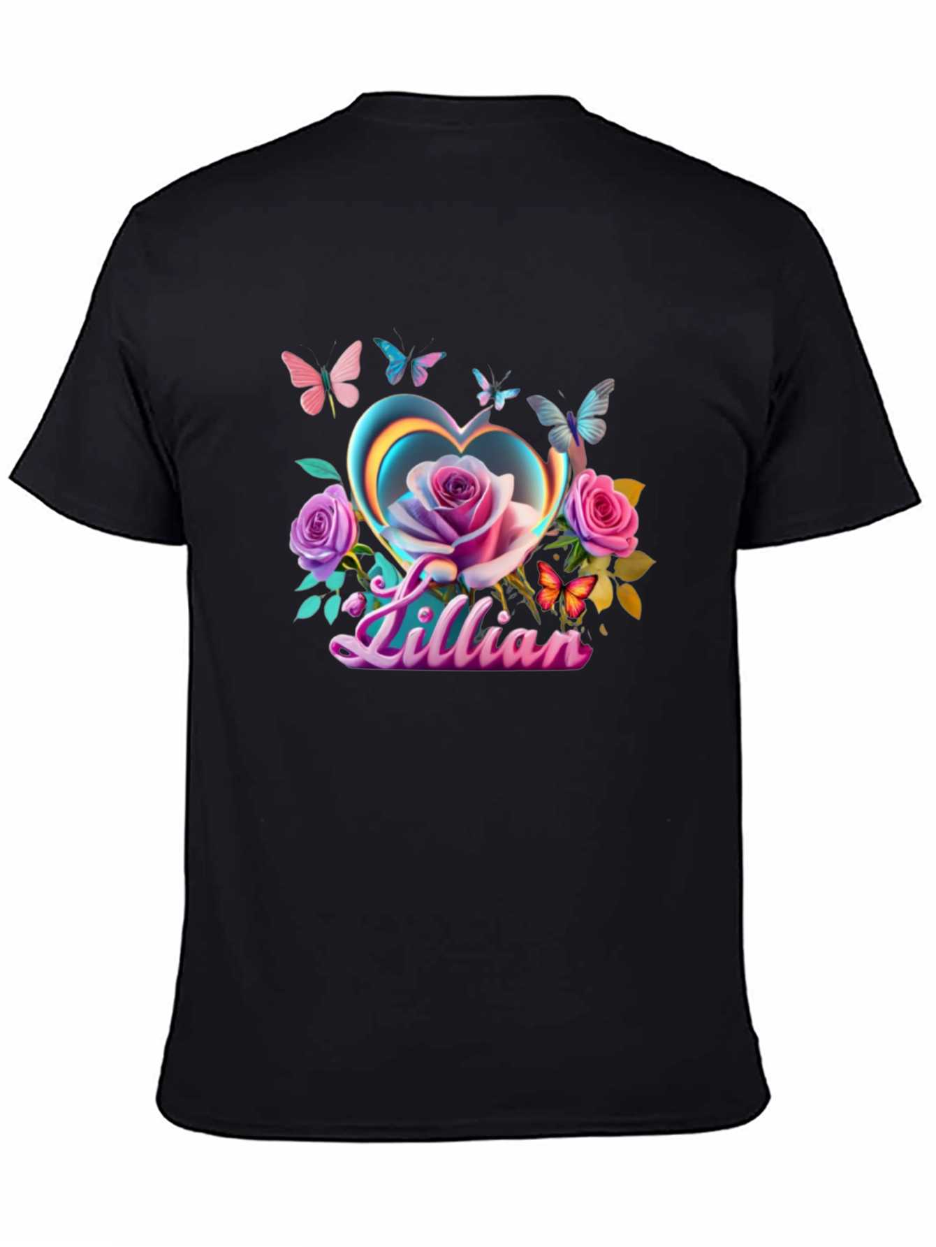 Lillian Heart Rose Butterfly Black T-Shirt