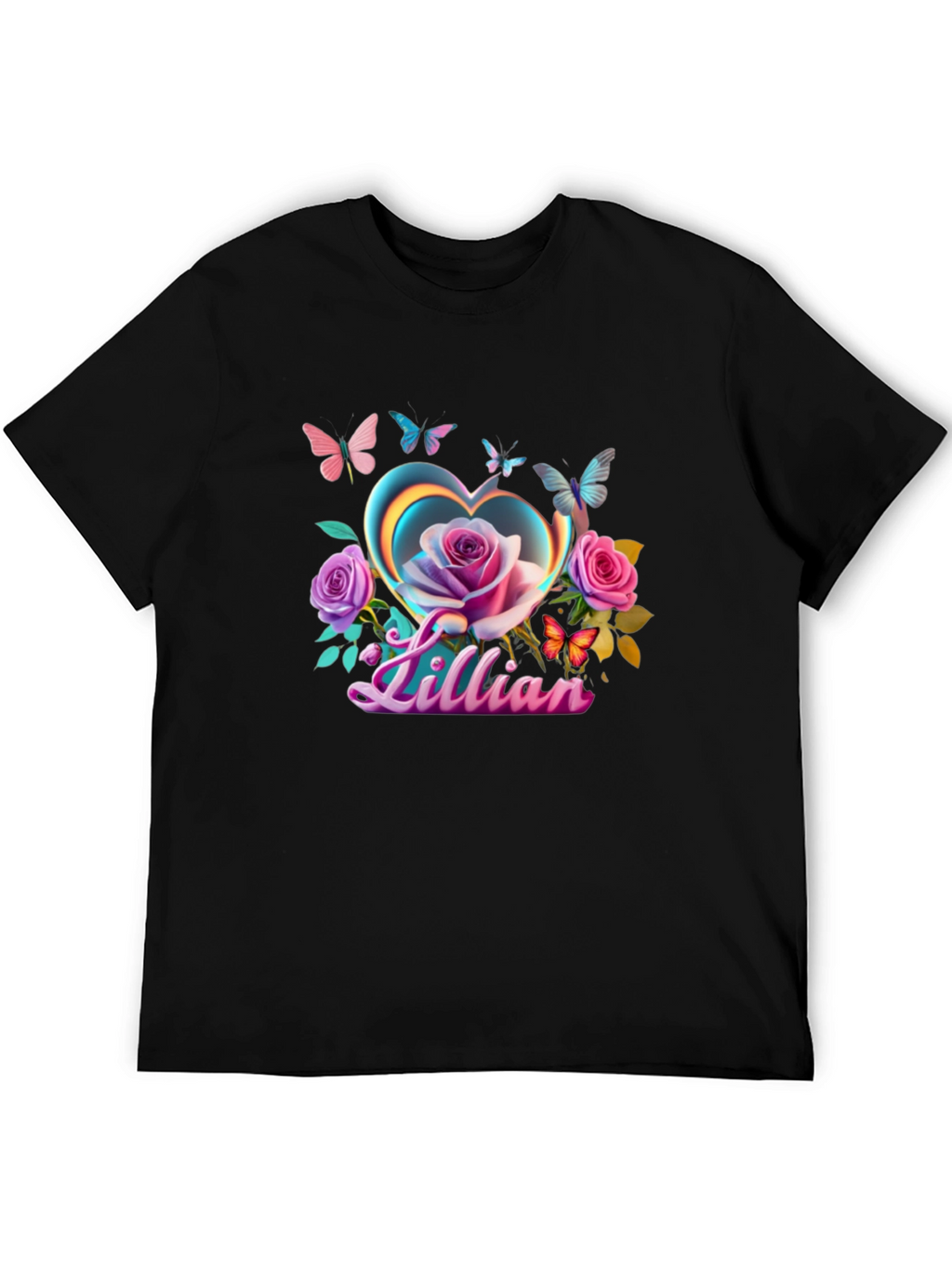 Lillian Heart Rose Butterfly Black T-Shirt