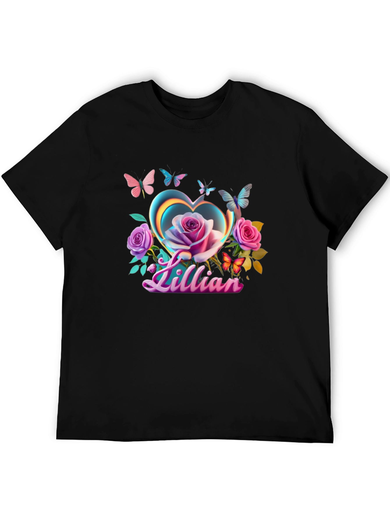 Lillian Heart Rose Butterfly Black T-Shirt