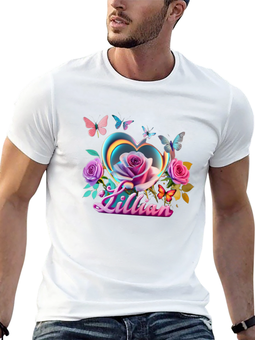 Lillian Heart Rose Butterfly Black T-Shirt