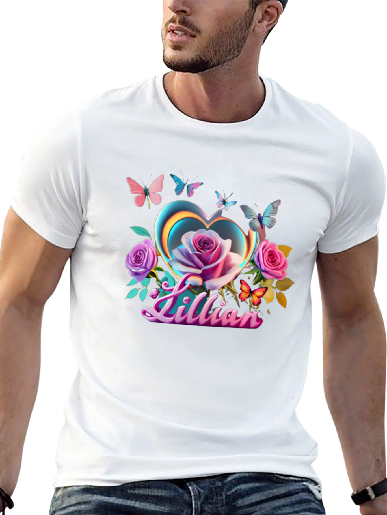 Lillian Heart Rose Butterfly Black T-Shirt