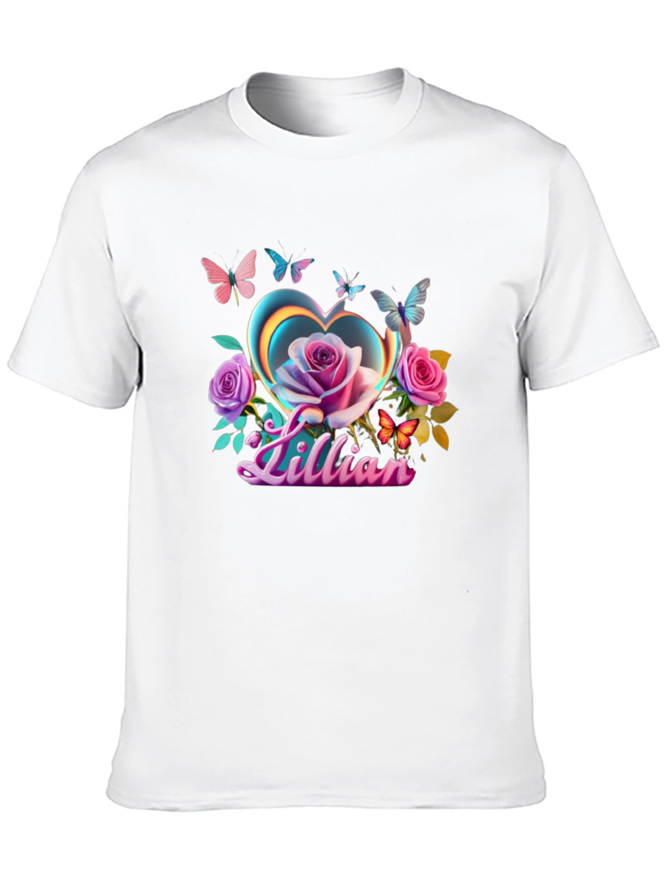 Lillian Heart Rose Butterfly Black T-Shirt