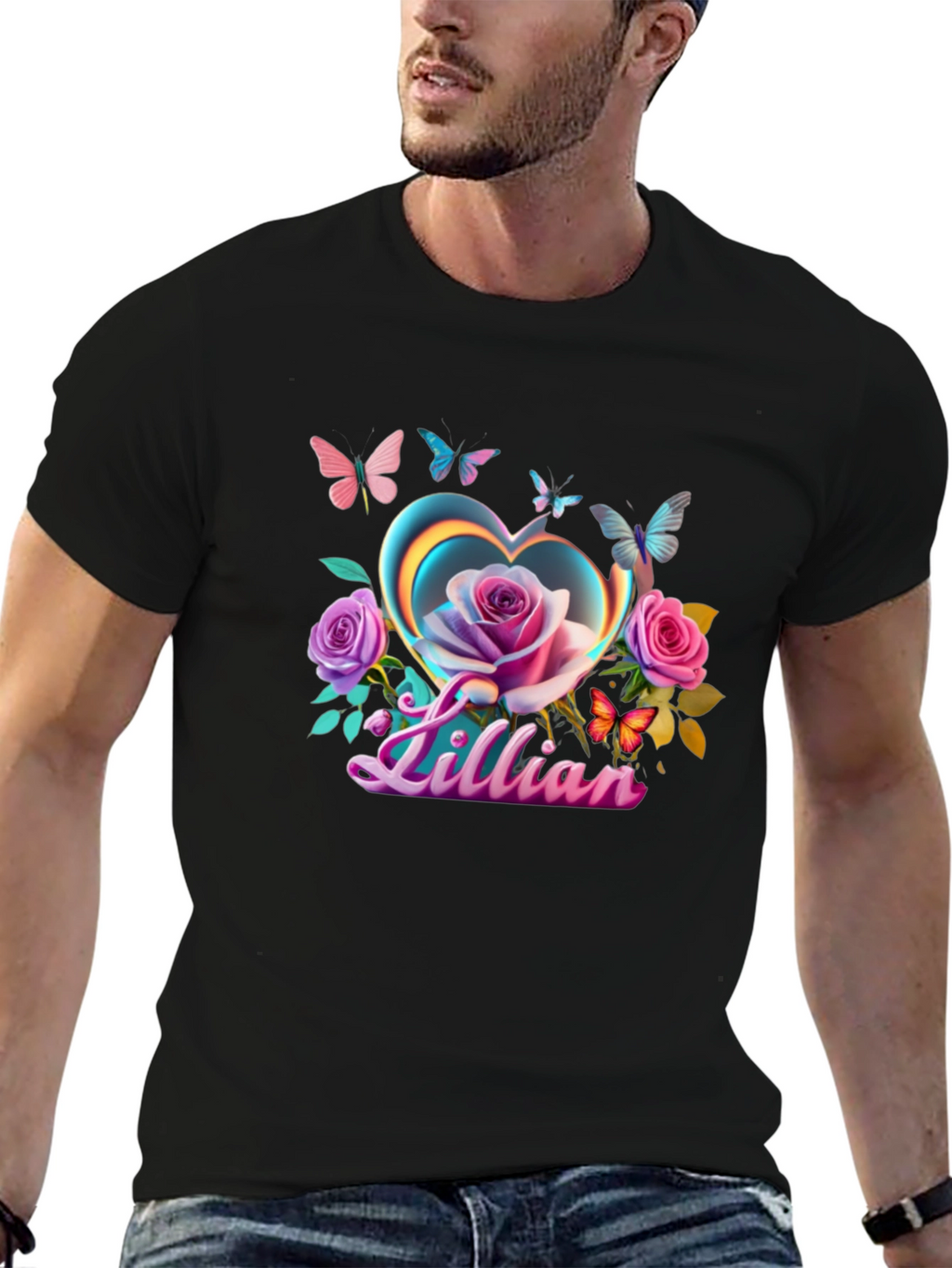 Lillian Heart Rose Butterfly Black T-Shirt