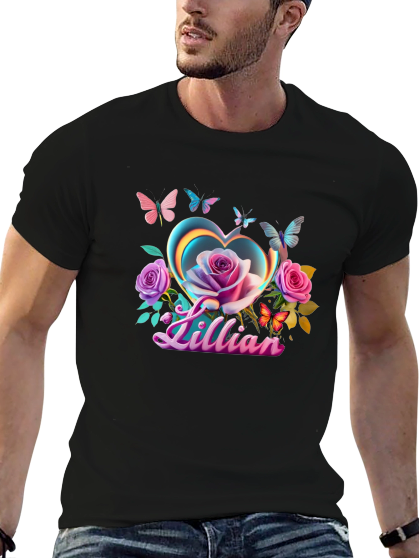 Lillian Heart Rose Butterfly Black T-Shirt