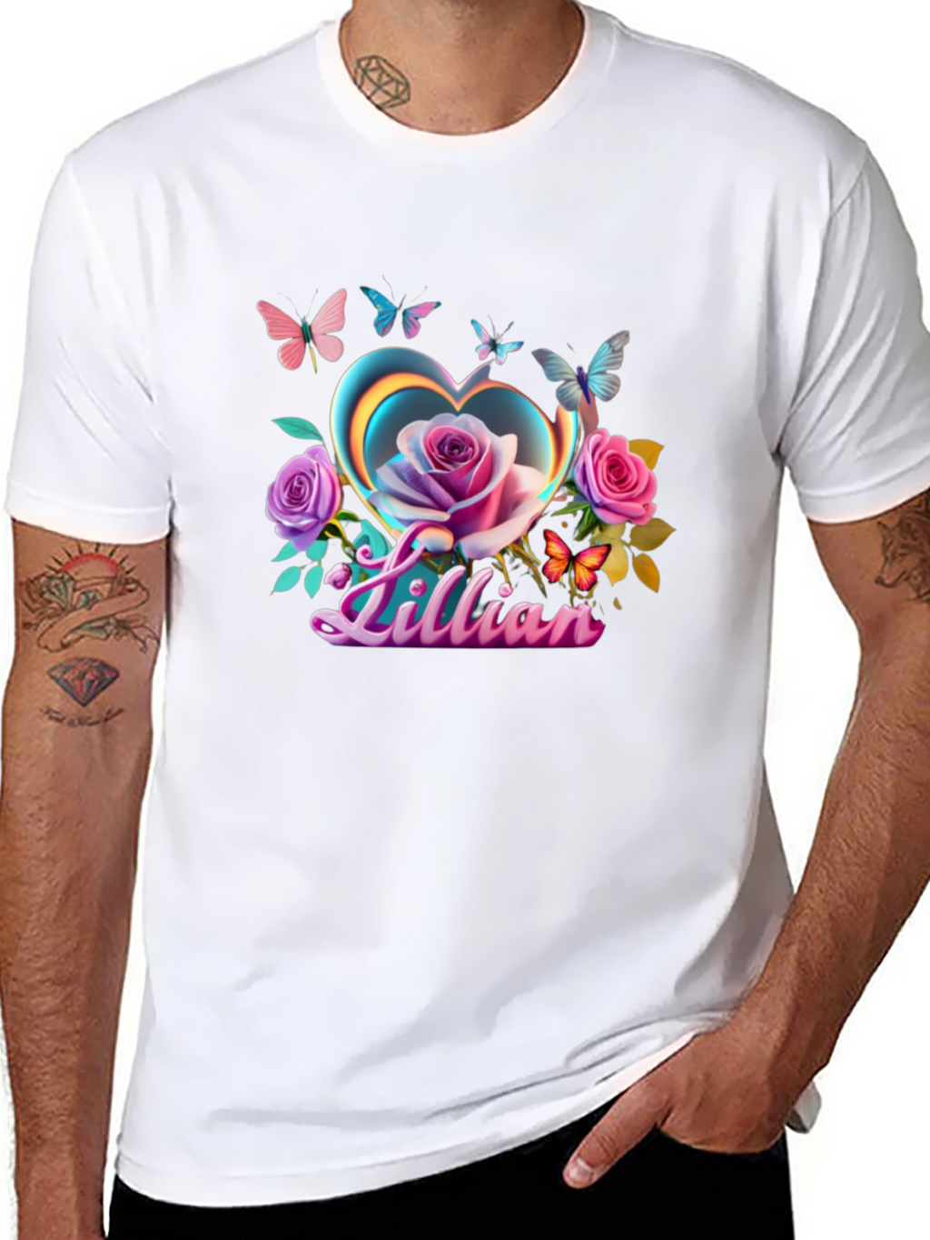 Lillian Heart Rose Butterfly Black T-Shirt