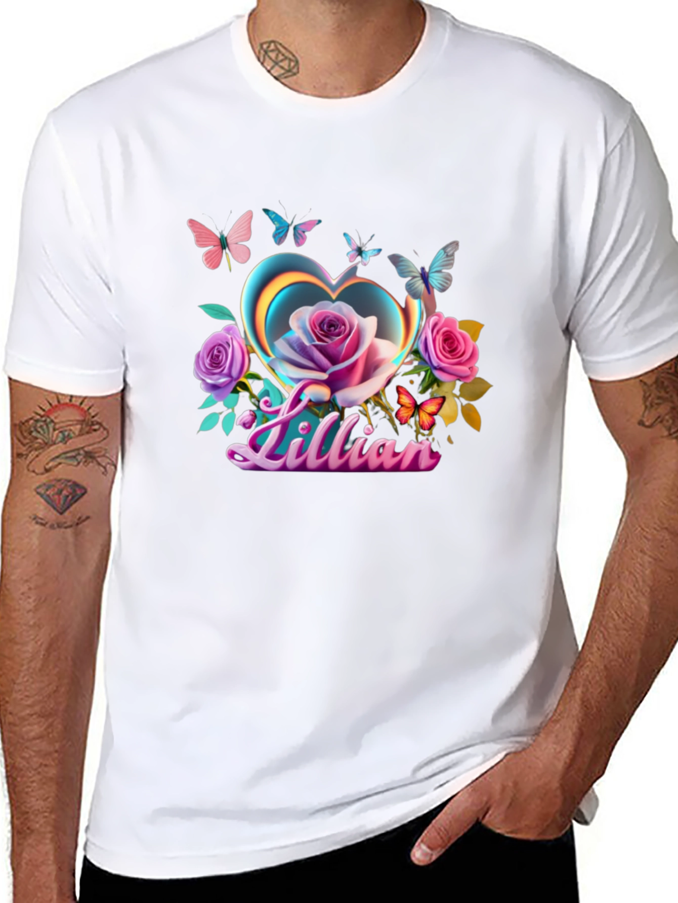 Lillian Heart Rose Butterfly Black T-Shirt