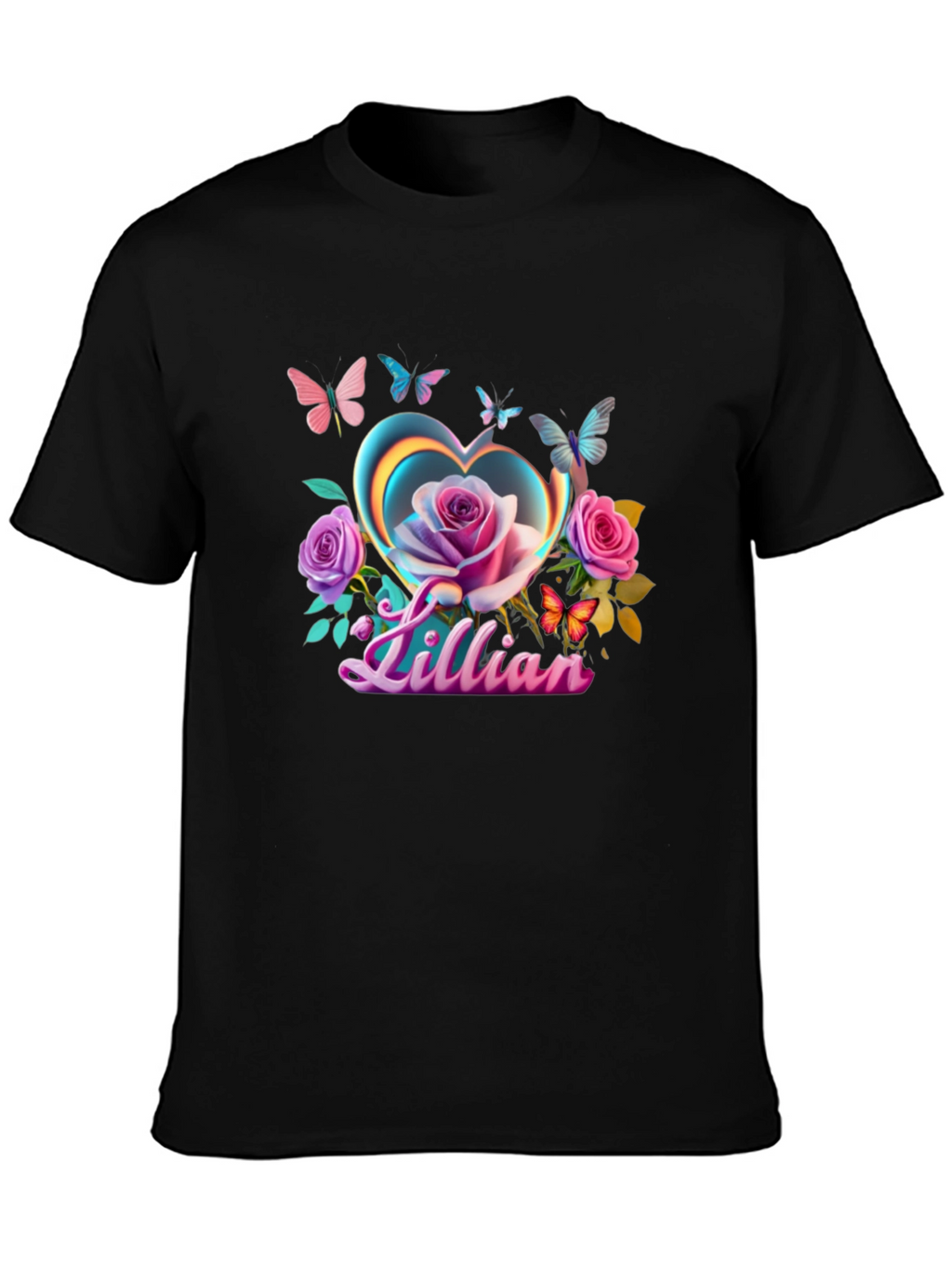 Lillian Heart Rose Butterfly Black T-Shirt