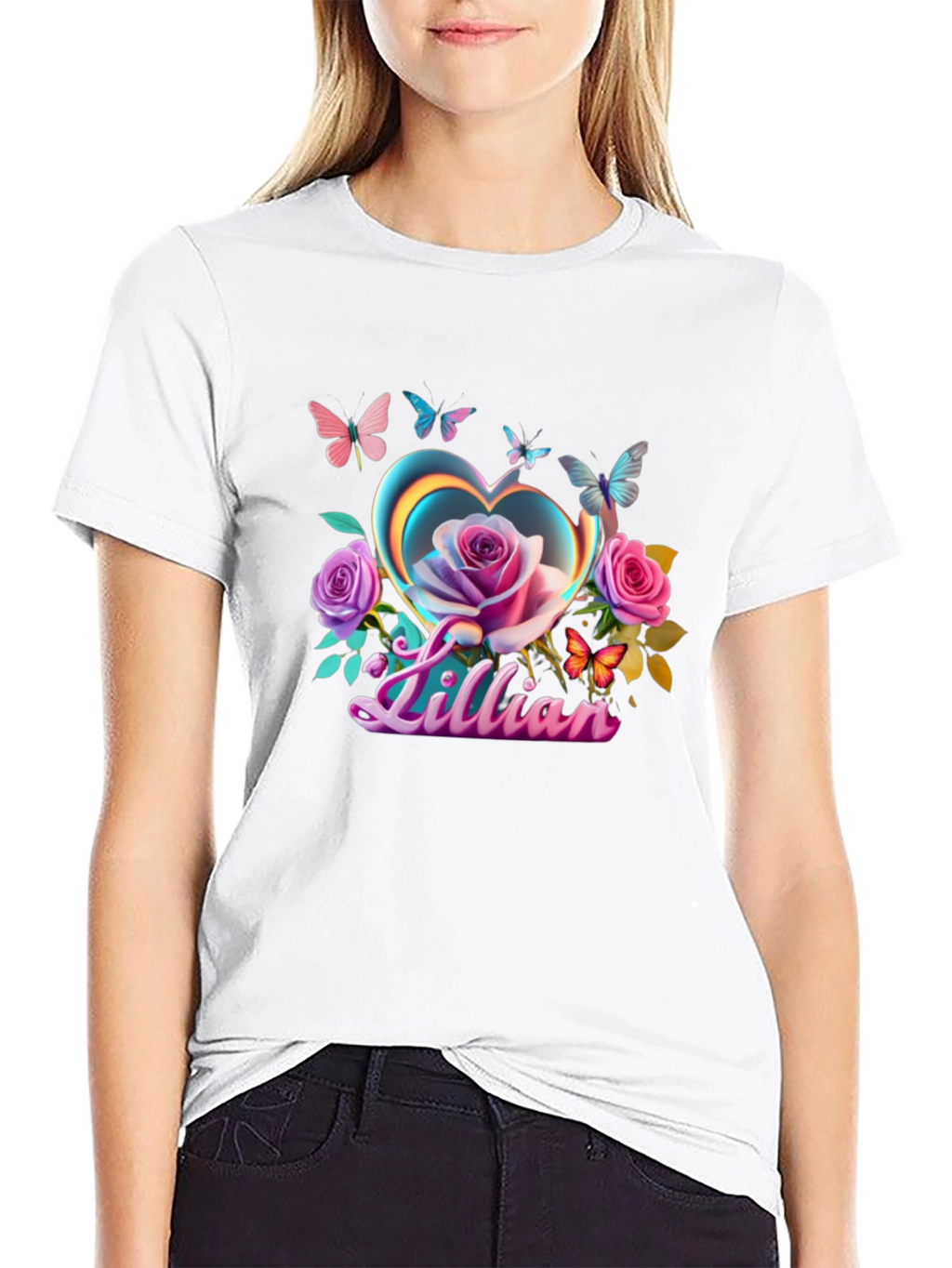 Lillian Heart Rose Butterfly Black T-Shirt