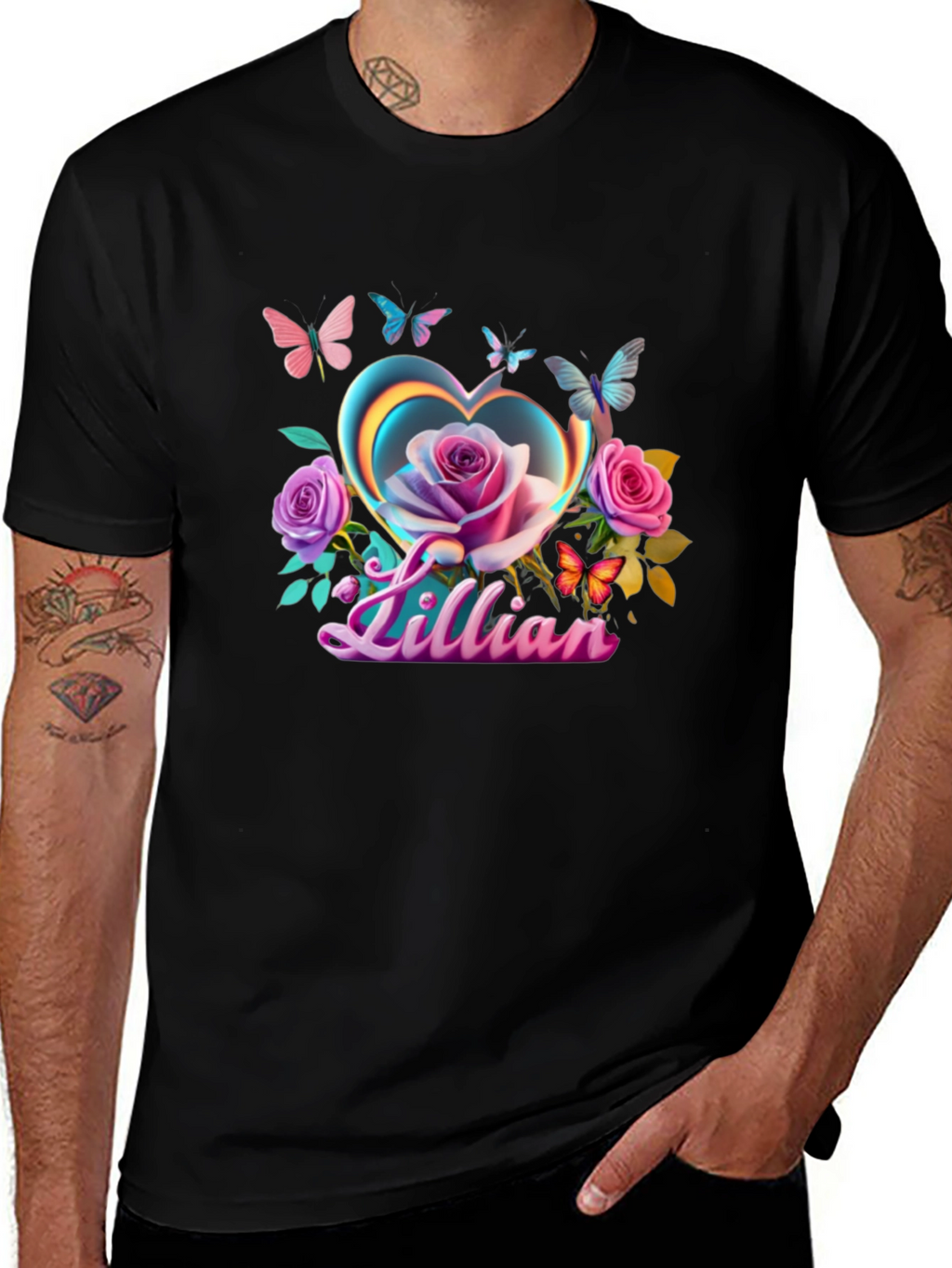 Lillian Heart Rose Butterfly Black T-Shirt
