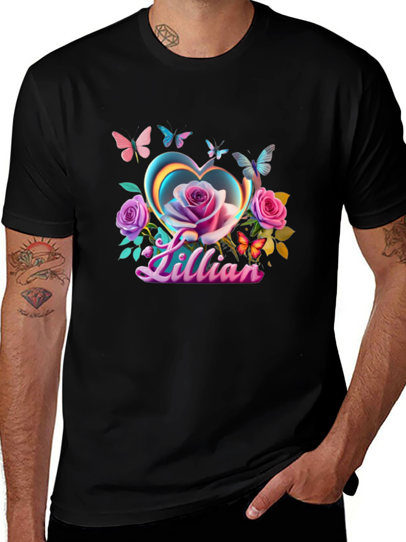 Lillian Heart Rose Butterfly Black T-Shirt
