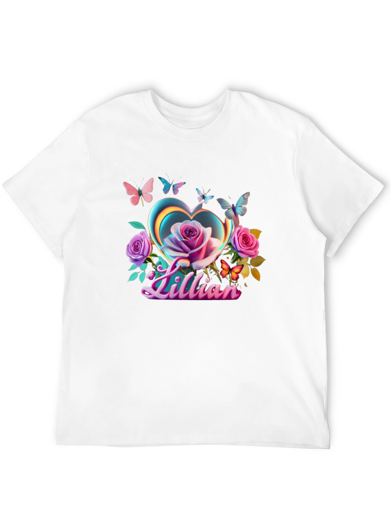 Lillian Heart Rose Butterfly Black T-Shirt