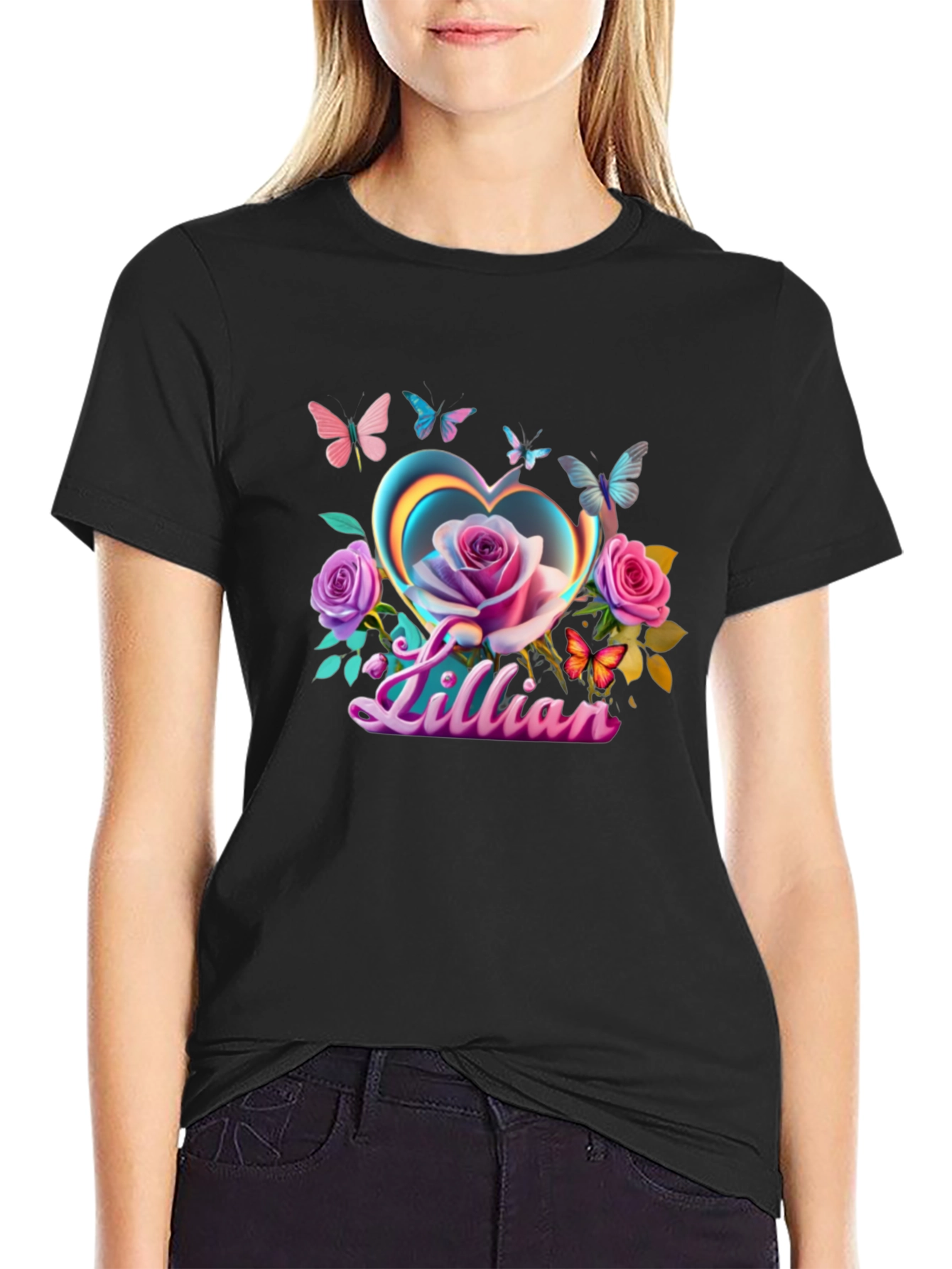 Lillian Heart Rose Butterfly Black T-Shirt