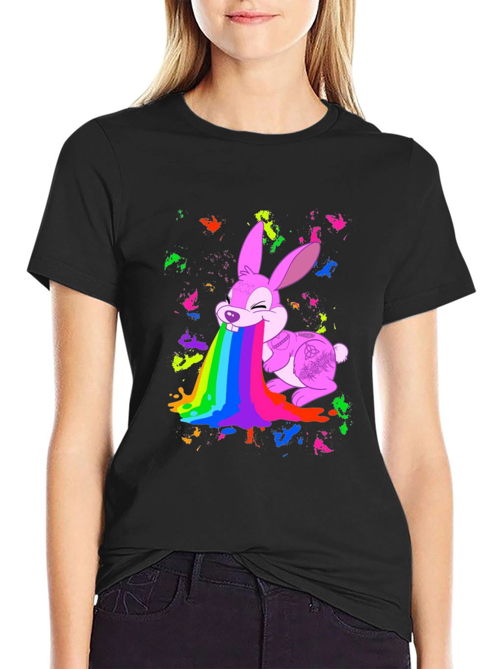 Rainbow Puke Bunny Black T-Shirt