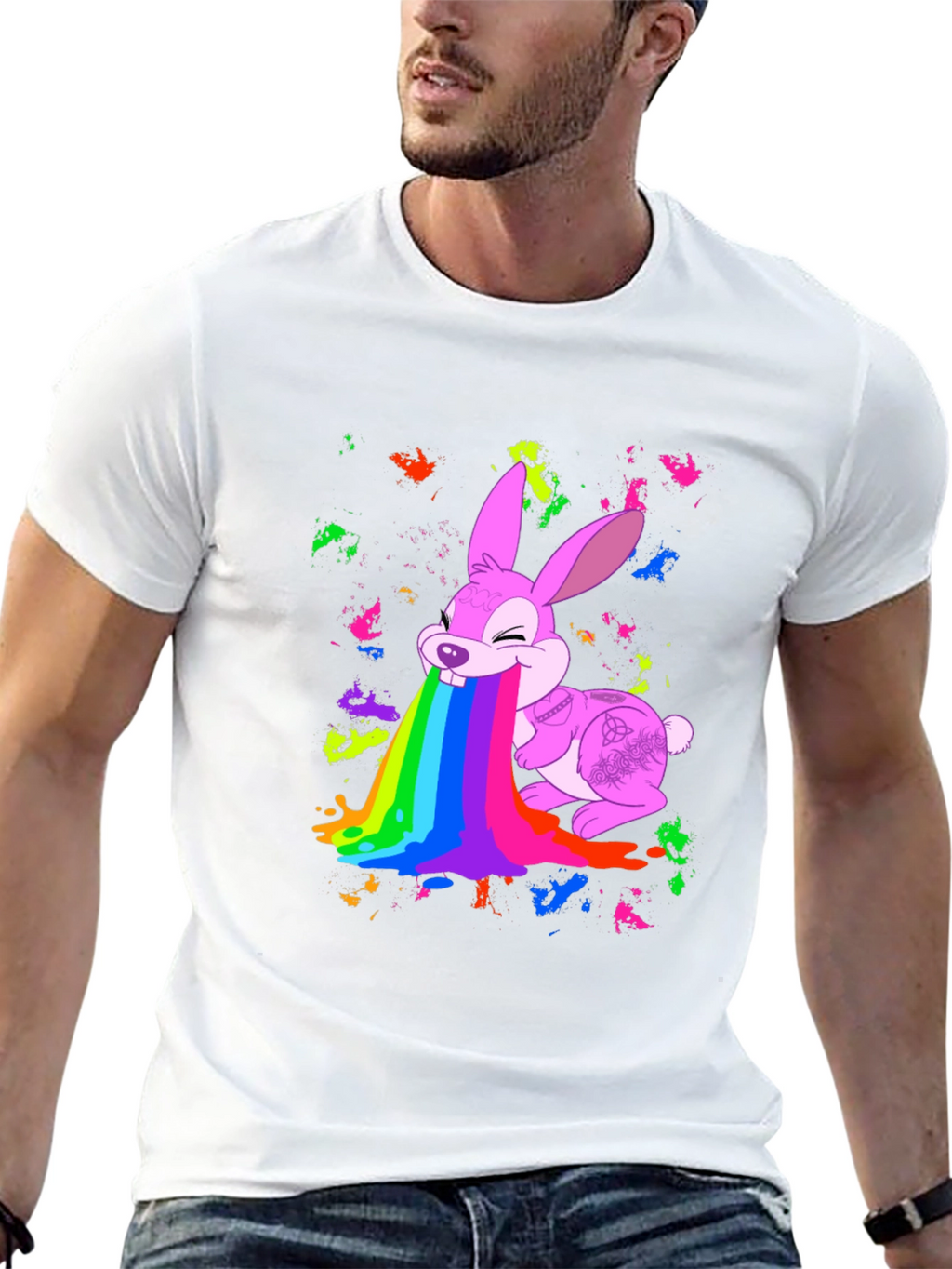 Rainbow Puke Bunny Black T-Shirt