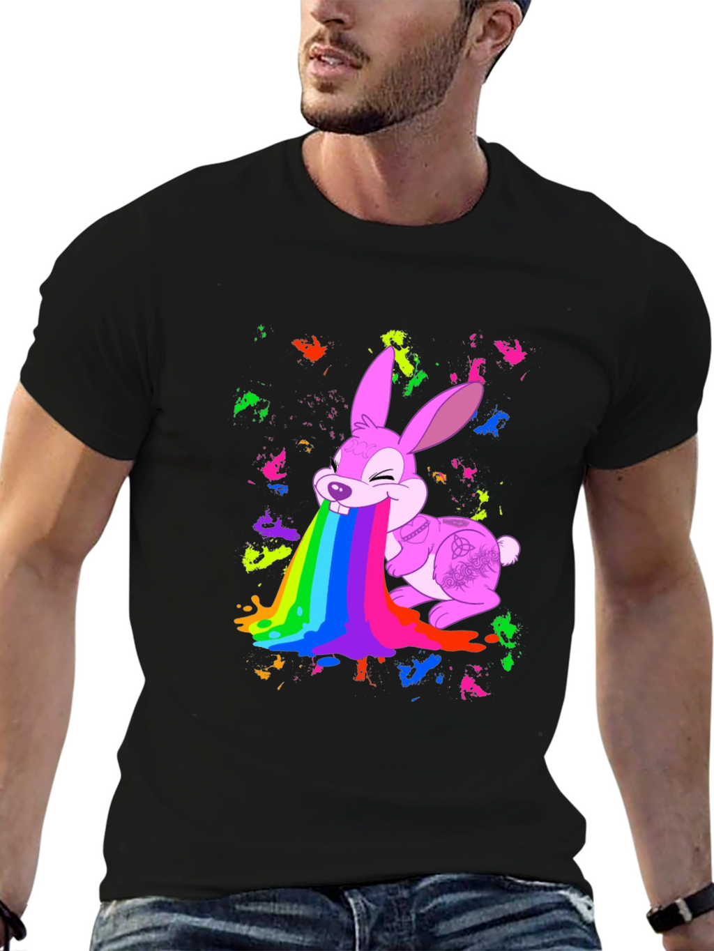 Rainbow Puke Bunny Black T-Shirt