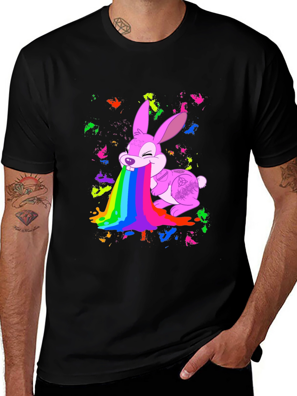 Rainbow Puke Bunny Black T-Shirt