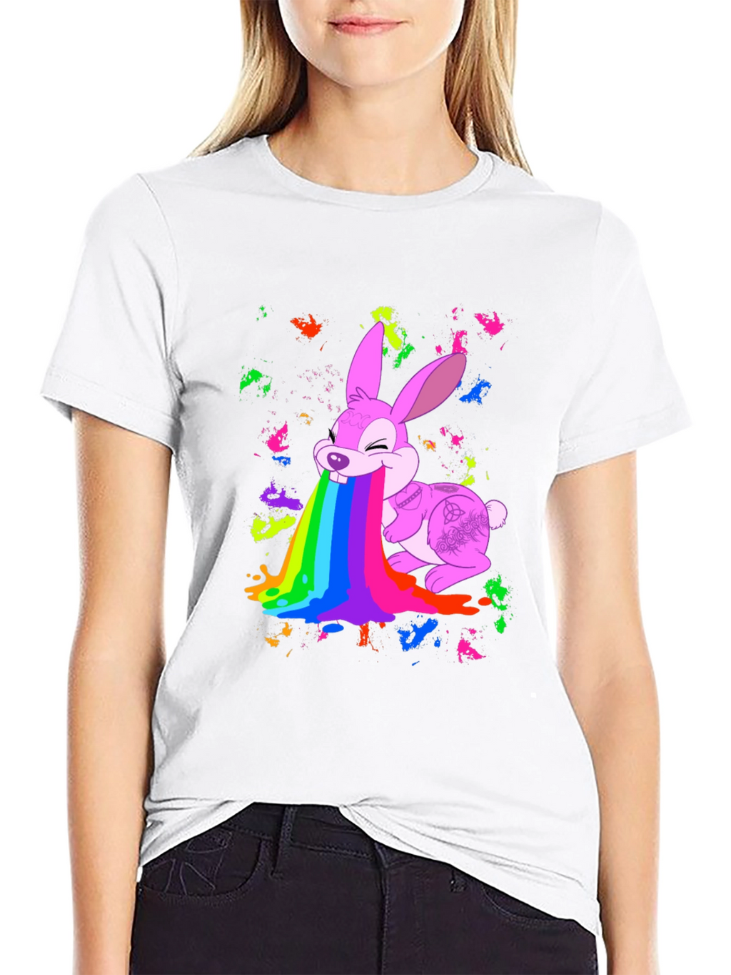 Rainbow Puke Bunny Black T-Shirt