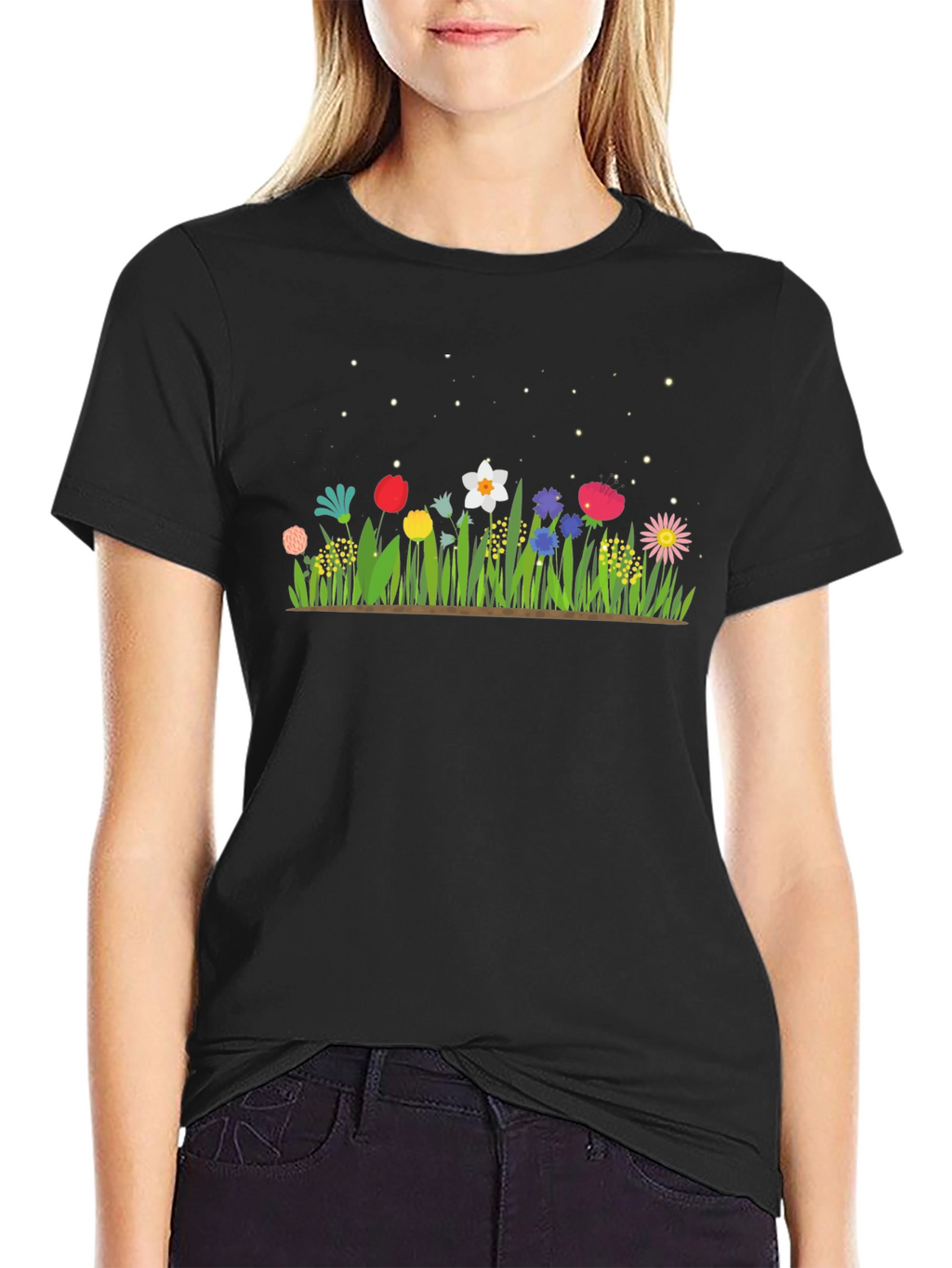 Floral Meadow Graphic Tee - Black Cotton