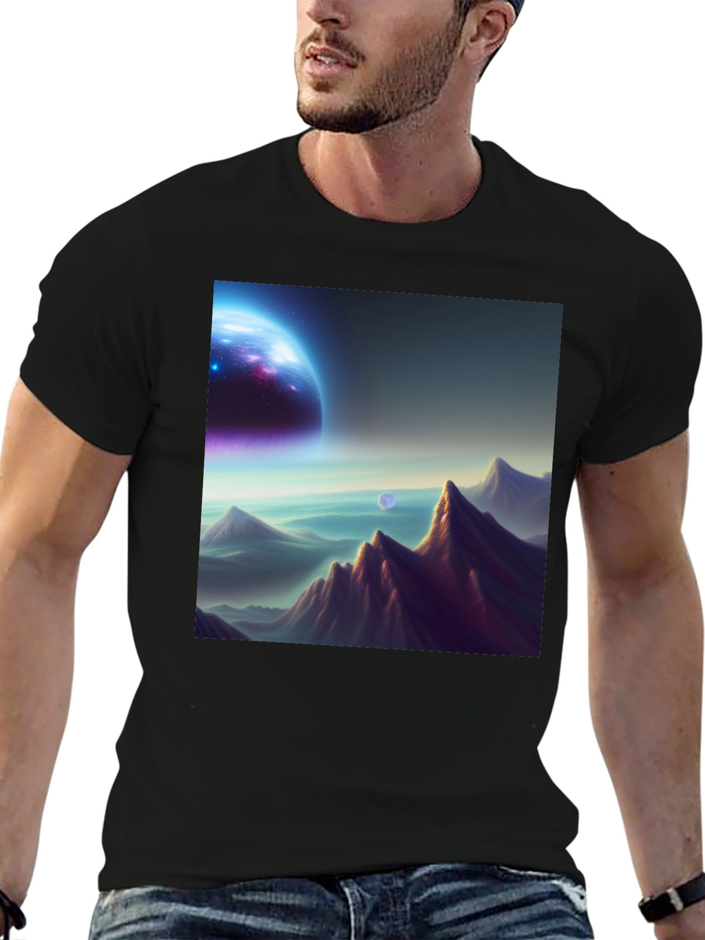 Cosmic Landscape Graphic Tee - Black Cotton Blend