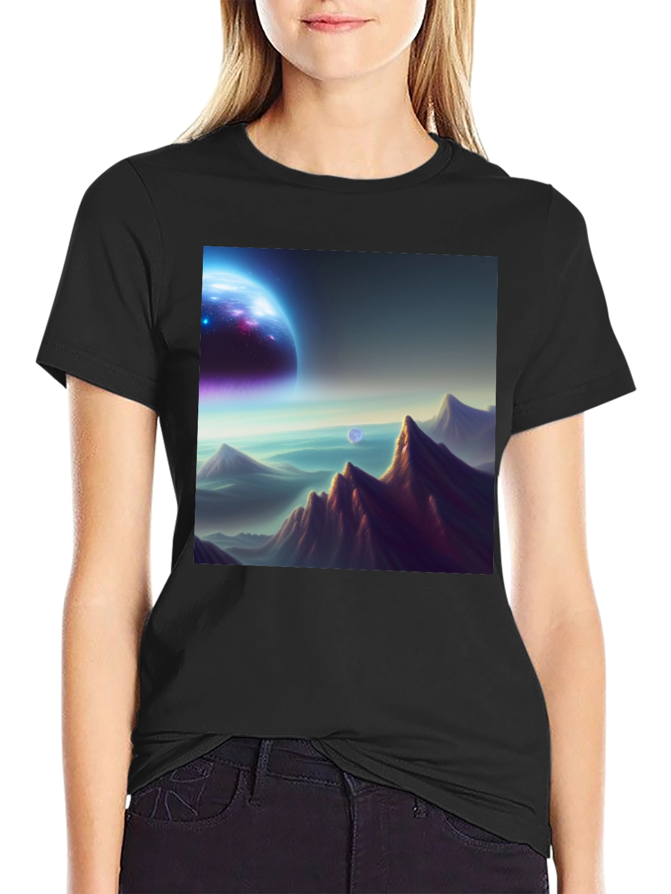 Cosmic Landscape Graphic Tee - Black Cotton Blend