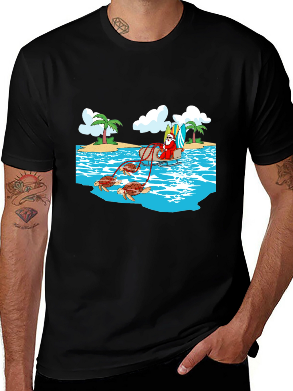 Santa Riding Turtles Mens Graphic Tee