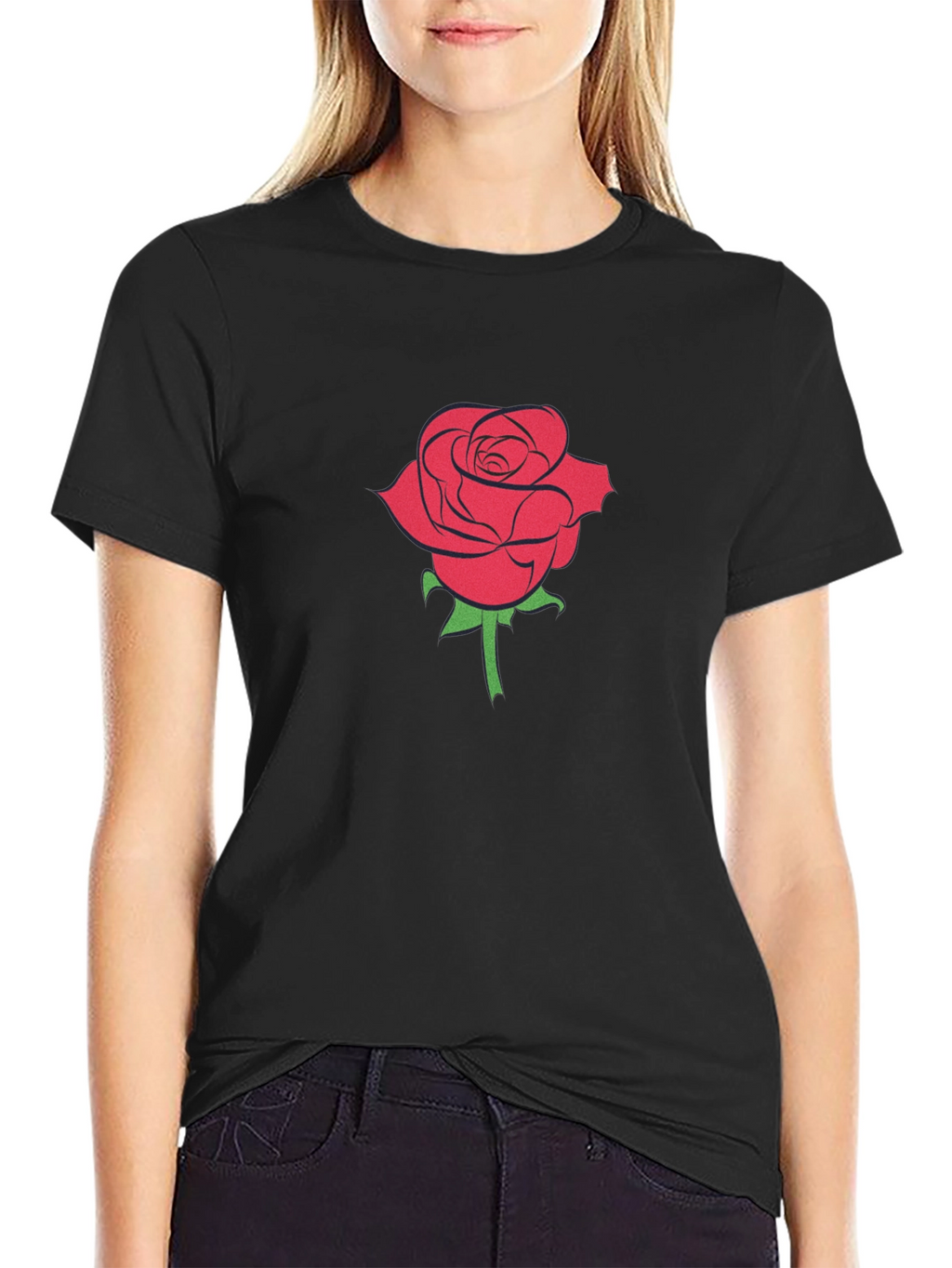 Black T-Shirt with Red Rose Graphic