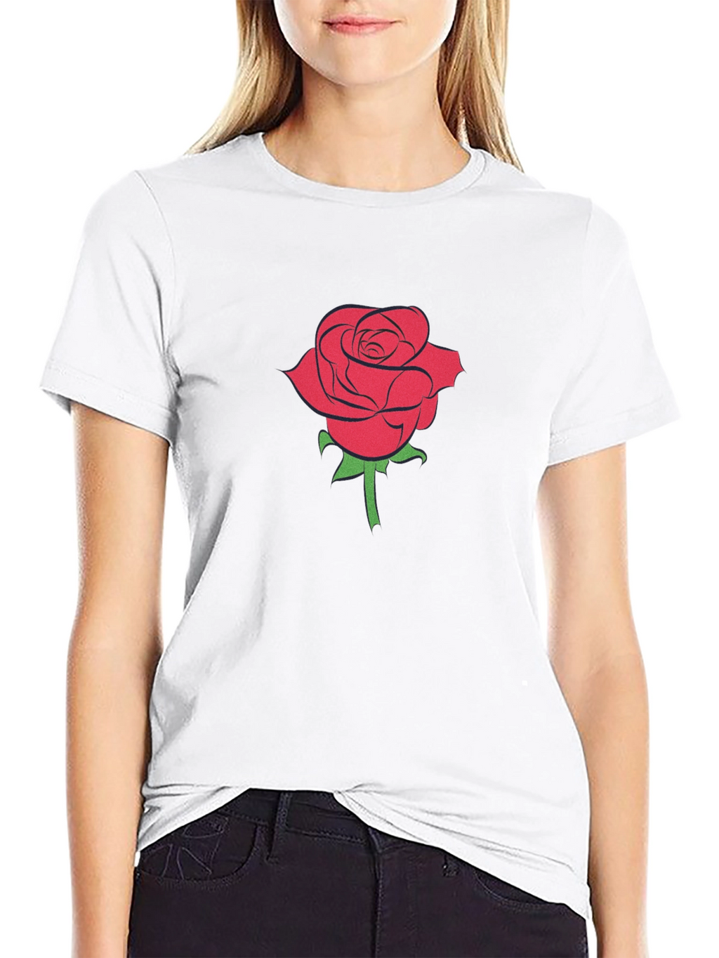Black T-Shirt with Red Rose Graphic