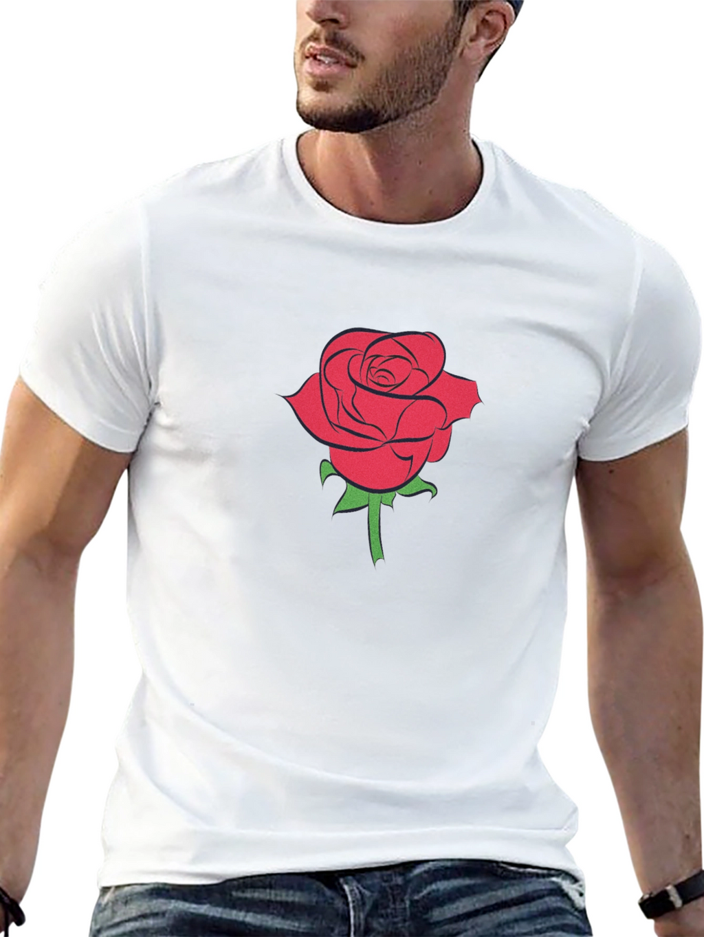 Black T-Shirt with Red Rose Graphic
