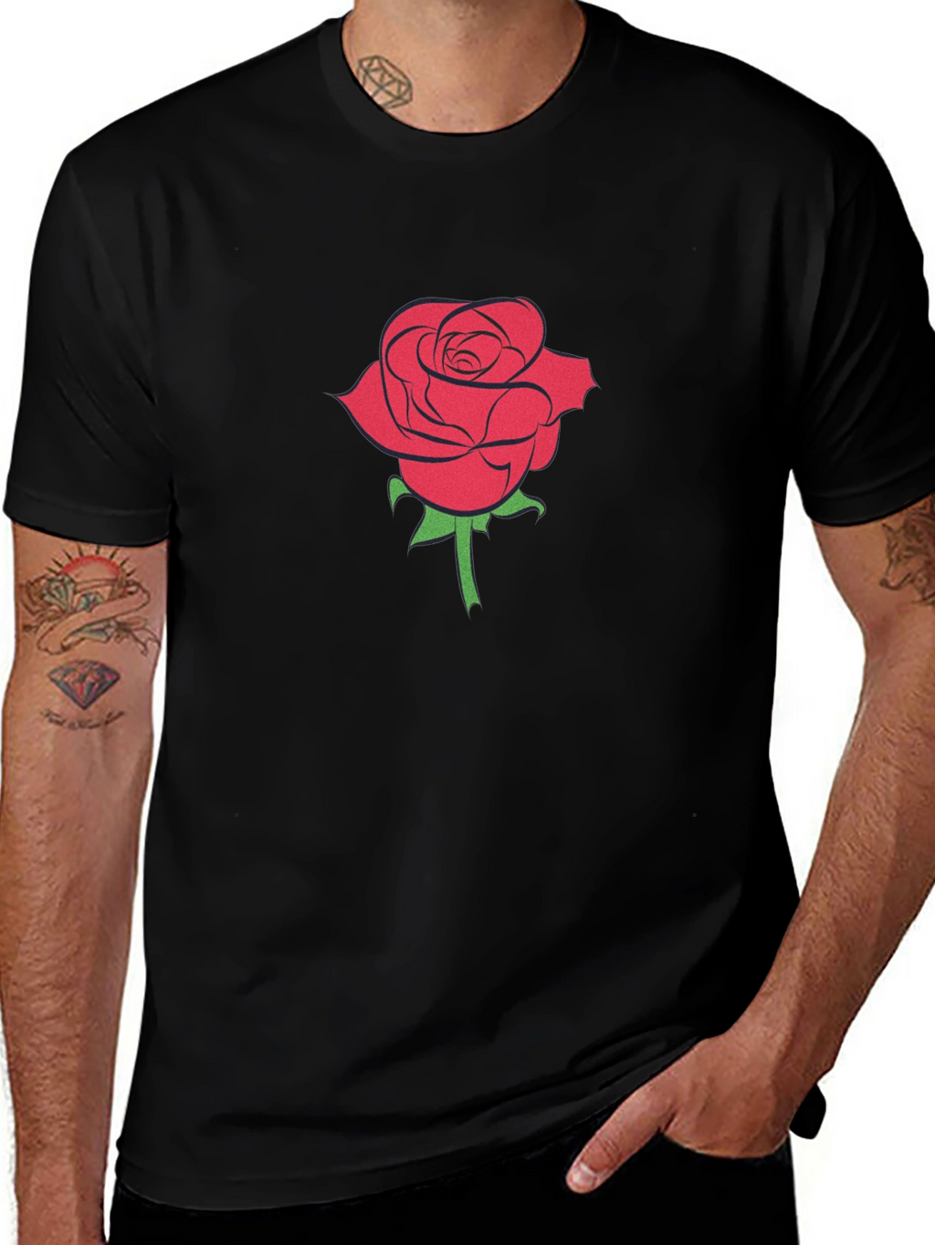 Black T-Shirt with Red Rose Graphic