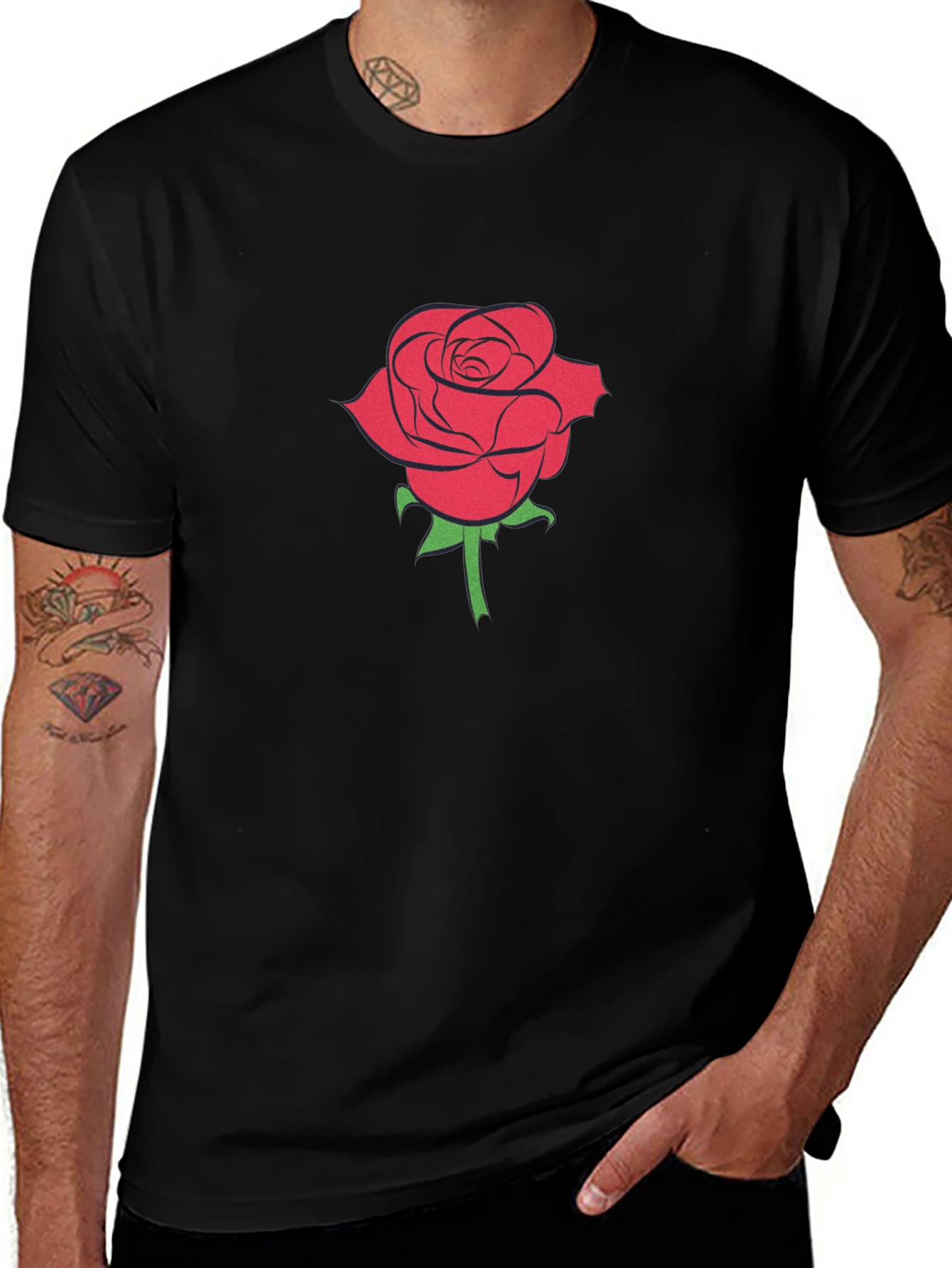 Black T-Shirt with Red Rose Graphic
