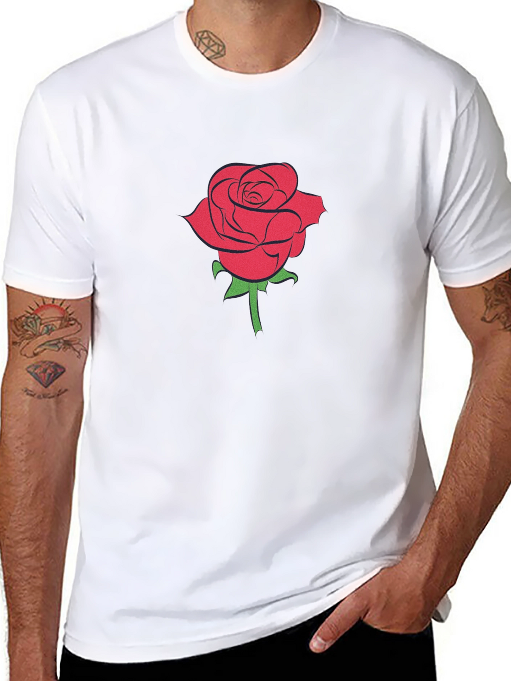Black T-Shirt with Red Rose Graphic